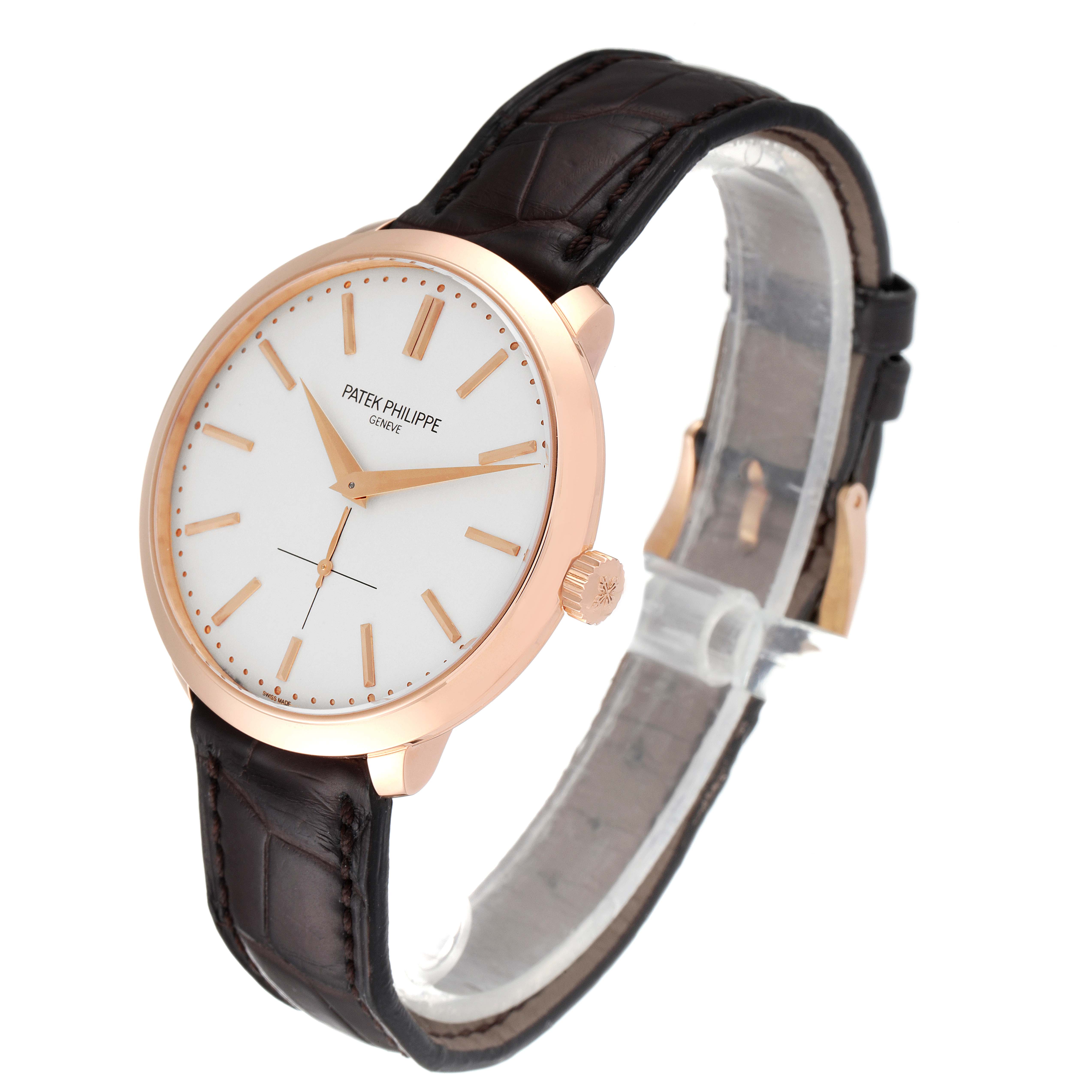 The image shows a Patek Philippe Calatrava 5123R-001 Men's Rose Gold Silver Dial 5123R-001 Men's Rose Gold Silver Dial watch at a 3/4 angle, highlighting the dial, bezel, crown, and leather strap.