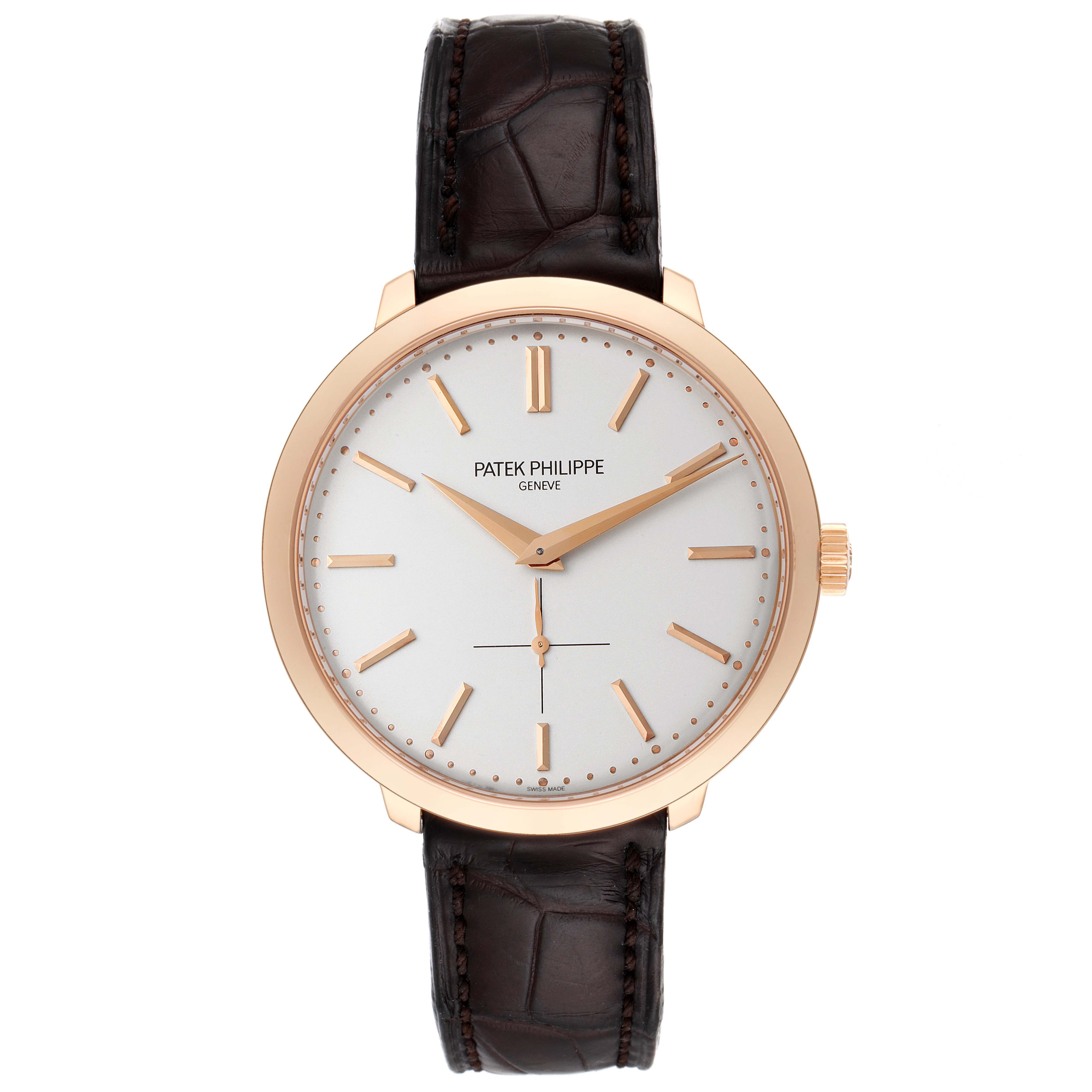 This image shows a front view of the Patek Philippe Calatrava 5123R-001 Men's Rose Gold Silver Dial 5123R-001 Men's Rose Gold Silver Dial watch, highlighting its dial, hands, and leather strap.