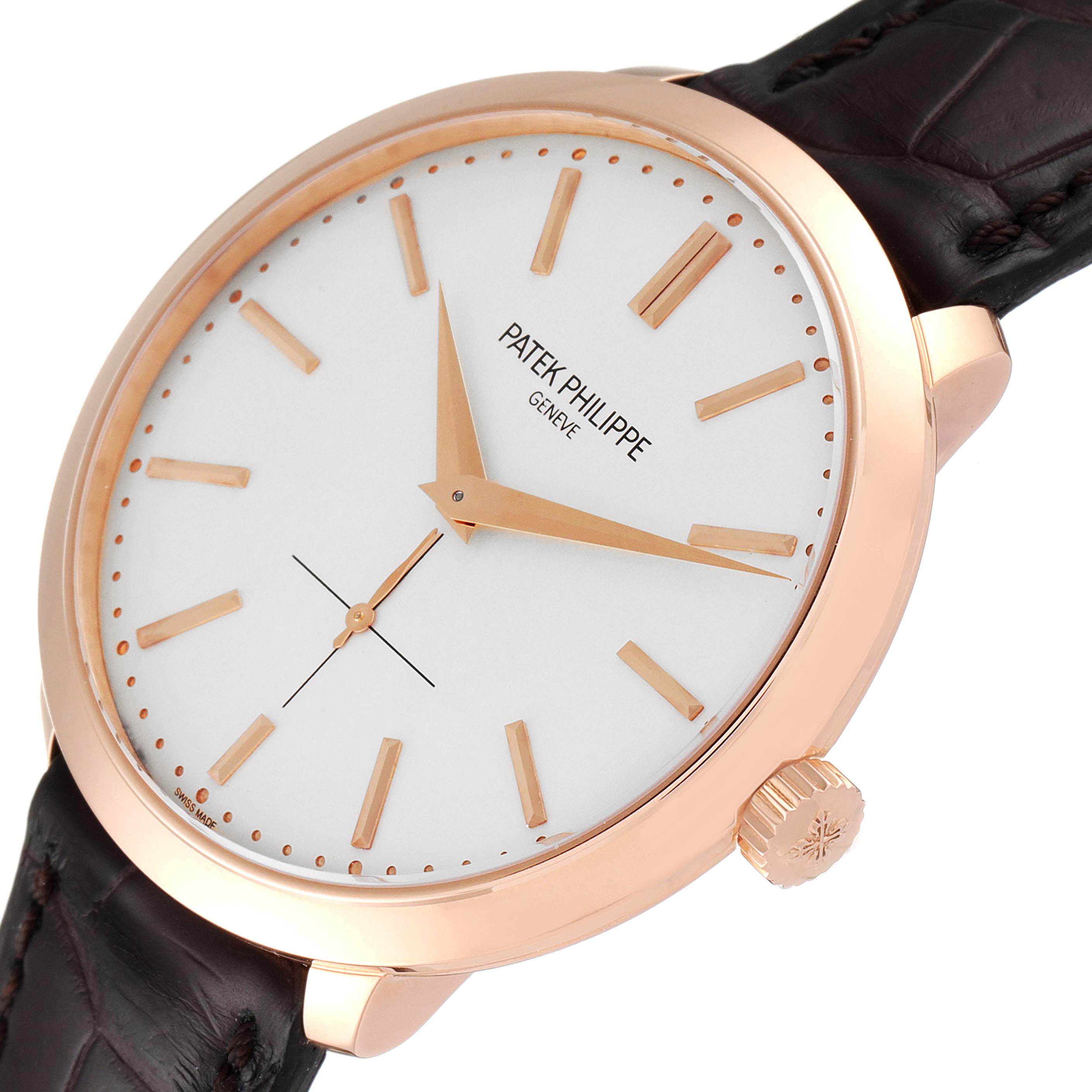 The image shows a close-up angled view of the Patek Philippe Calatrava 5123R-001 Men's Rose Gold Silver Dial 5123R-001 Men's Rose Gold Silver Dial watch, focusing on its dial, rose gold case, crown, and leather strap.