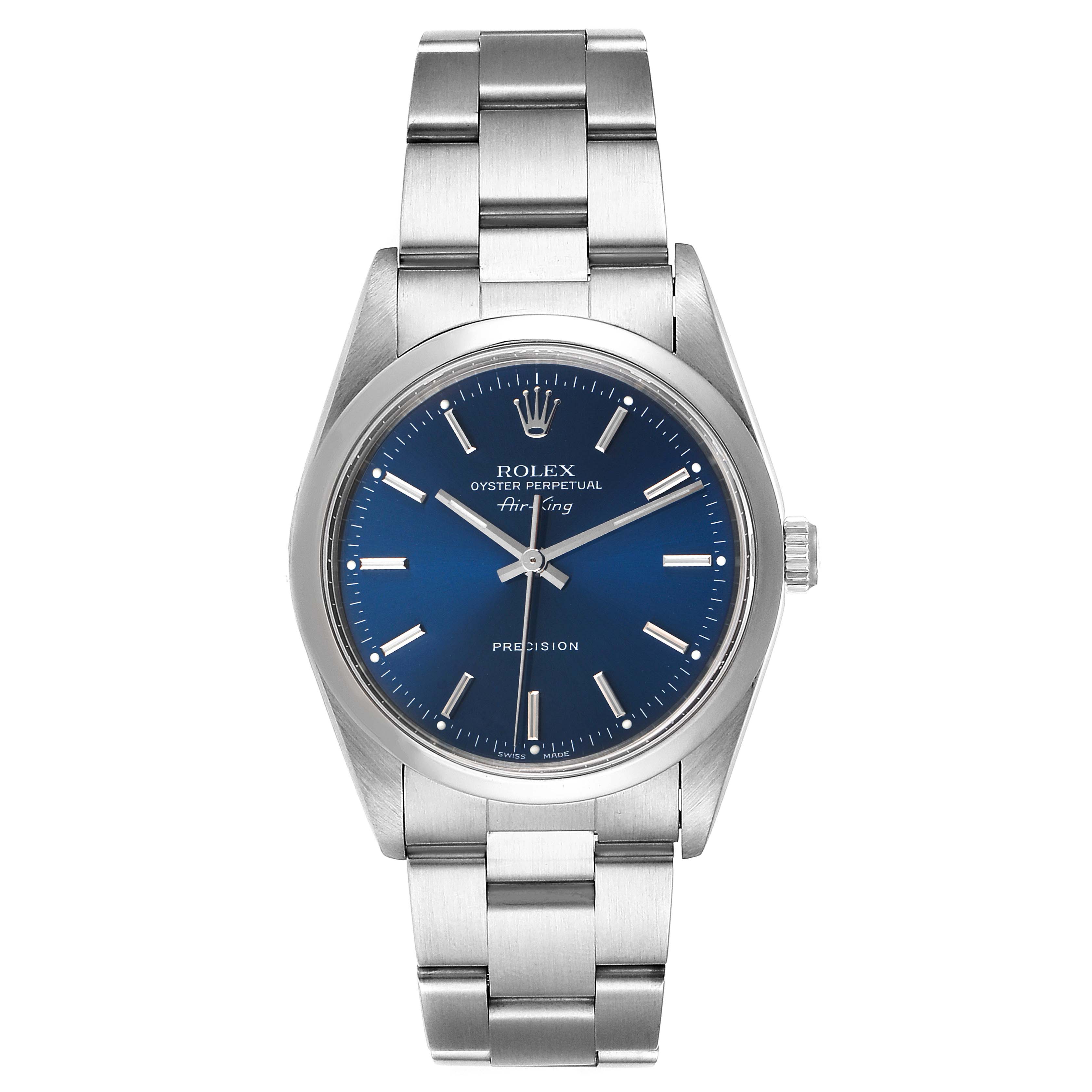 This image features a front view of the Rolex Air-King 14000 Men's Stainless Steel Blue Dial 14000 Men's Stainless Steel Blue Dial watch, including its blue dial and stainless steel bracelet.