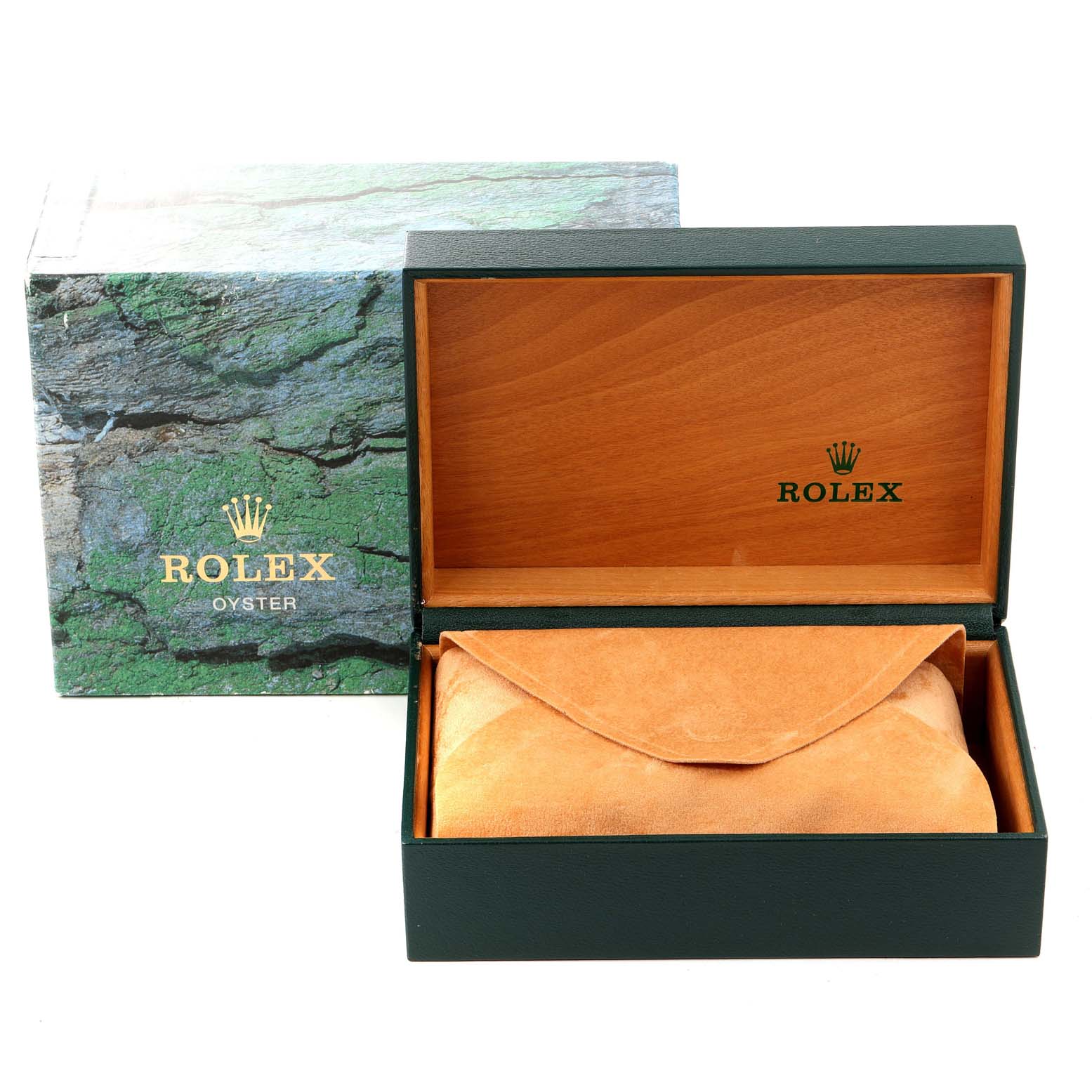 The image shows the packaging for a Rolex Air-King 14000 Men's Stainless Steel Blue Dial 14000 Men's Stainless Steel Blue Dial watch, including the outer box, inner box, and a suede pouch.