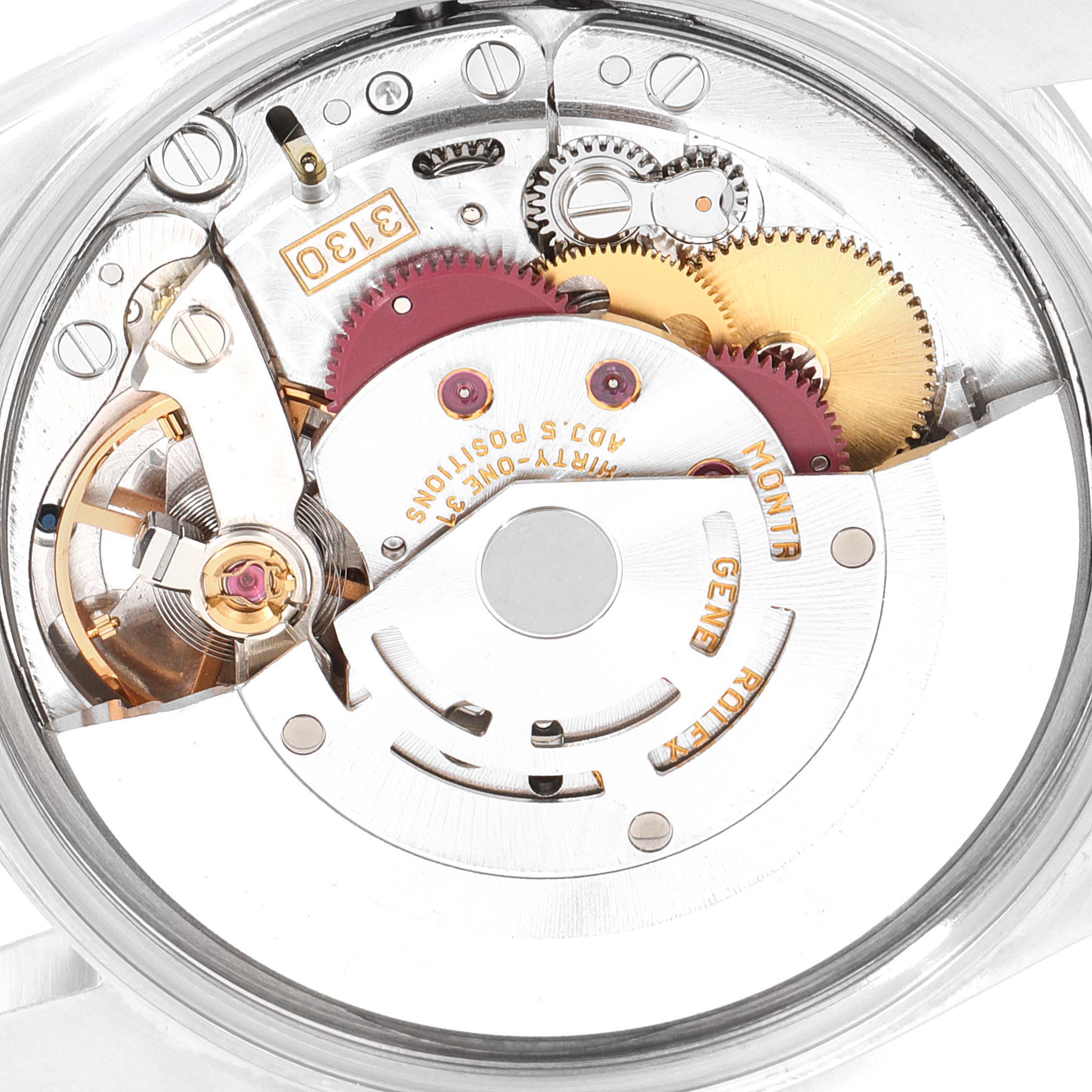 This image shows a close-up view of the movement mechanism of a Rolex Air-King 14000 Men's Stainless Steel Blue Dial 14000 Men's Stainless Steel Blue Dial watch.