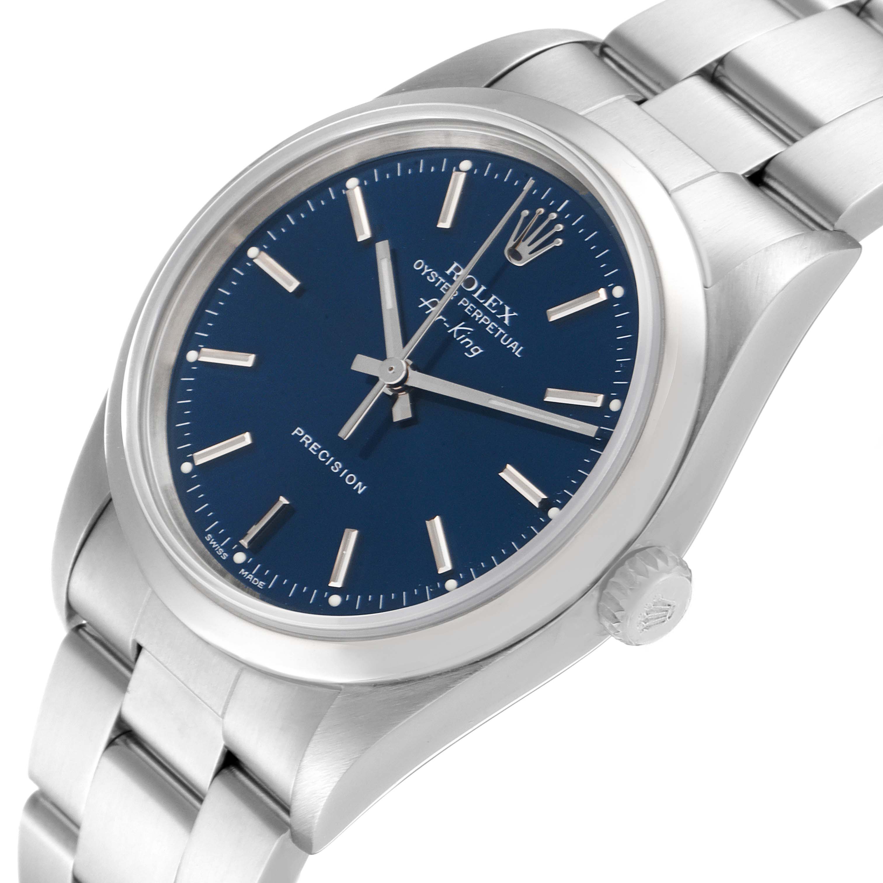 This image shows a Rolex Air-King 14000 Men's Stainless Steel Blue Dial 14000 Men's Stainless Steel Blue Dial watch at a slight angle, highlighting the dial, bezel, and bracelet.