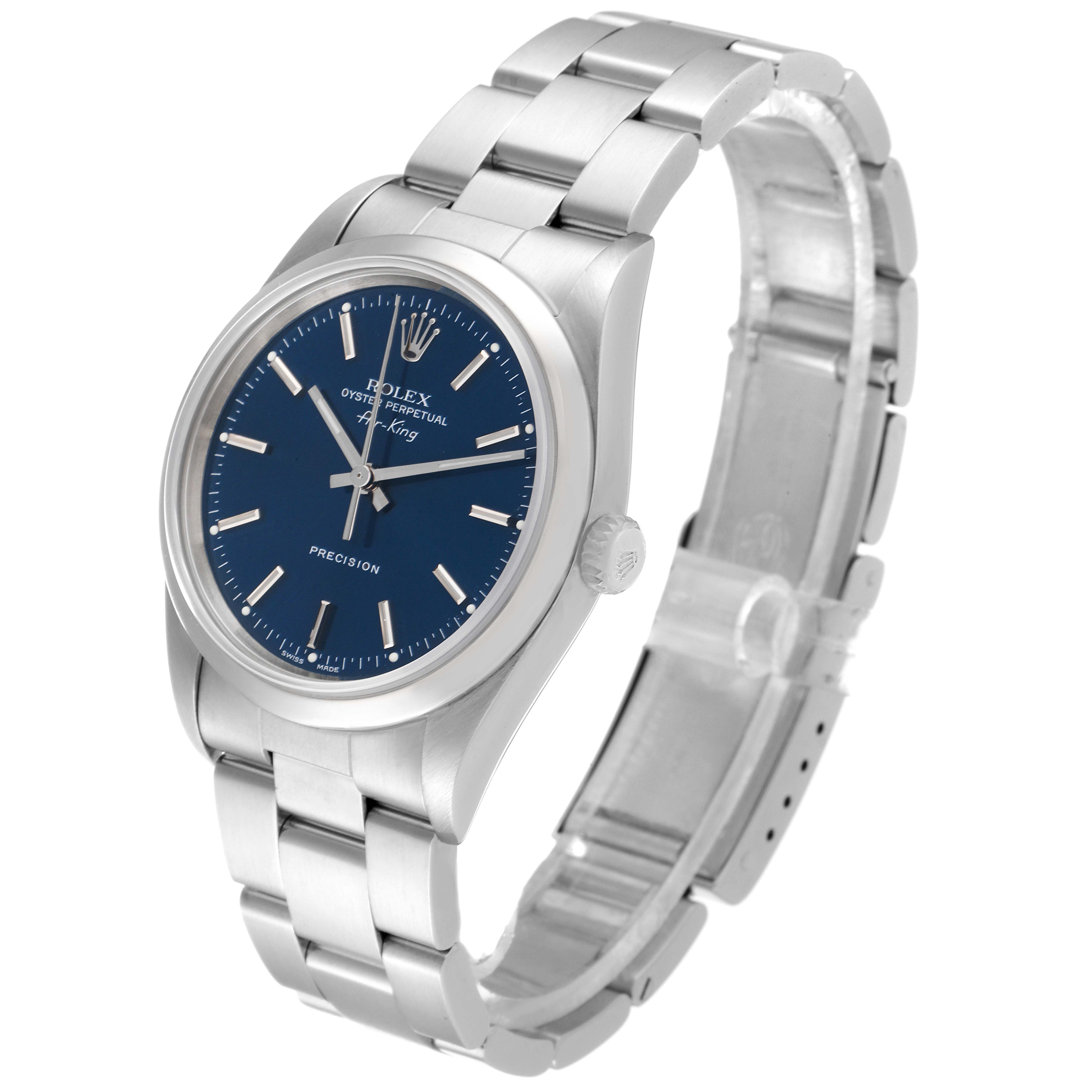 The image shows a Rolex Air-King 14000 Men's Stainless Steel Blue Dial 14000 Men's Stainless Steel Blue Dial watch at a slight angle displaying its blue dial, metal bracelet, and side crown.