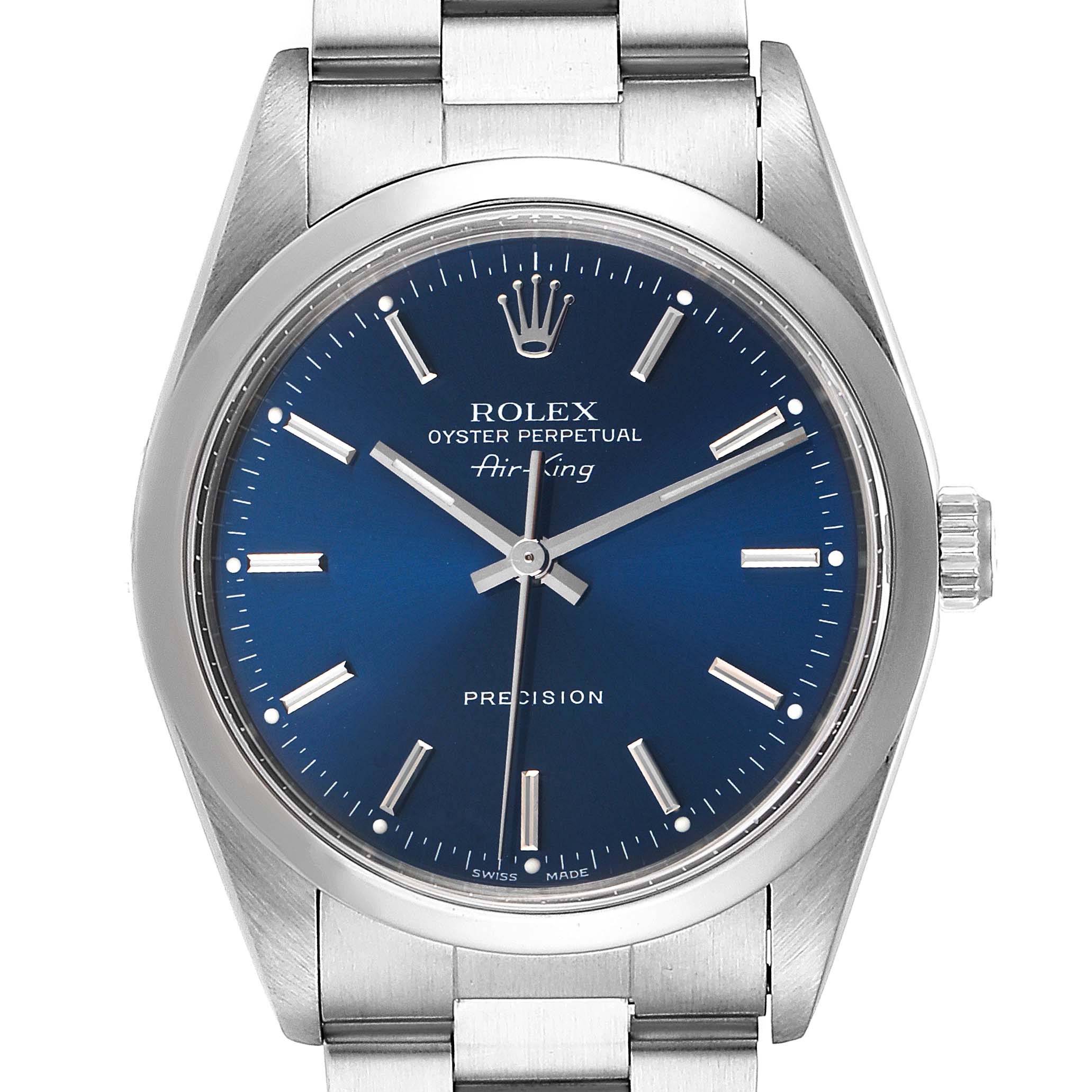 This image shows a front view of a Rolex Air-King 14000 Men's Stainless Steel Blue Dial 14000 Men's Stainless Steel Blue Dial watch, displaying the dial, bezel, and part of the bracelet.