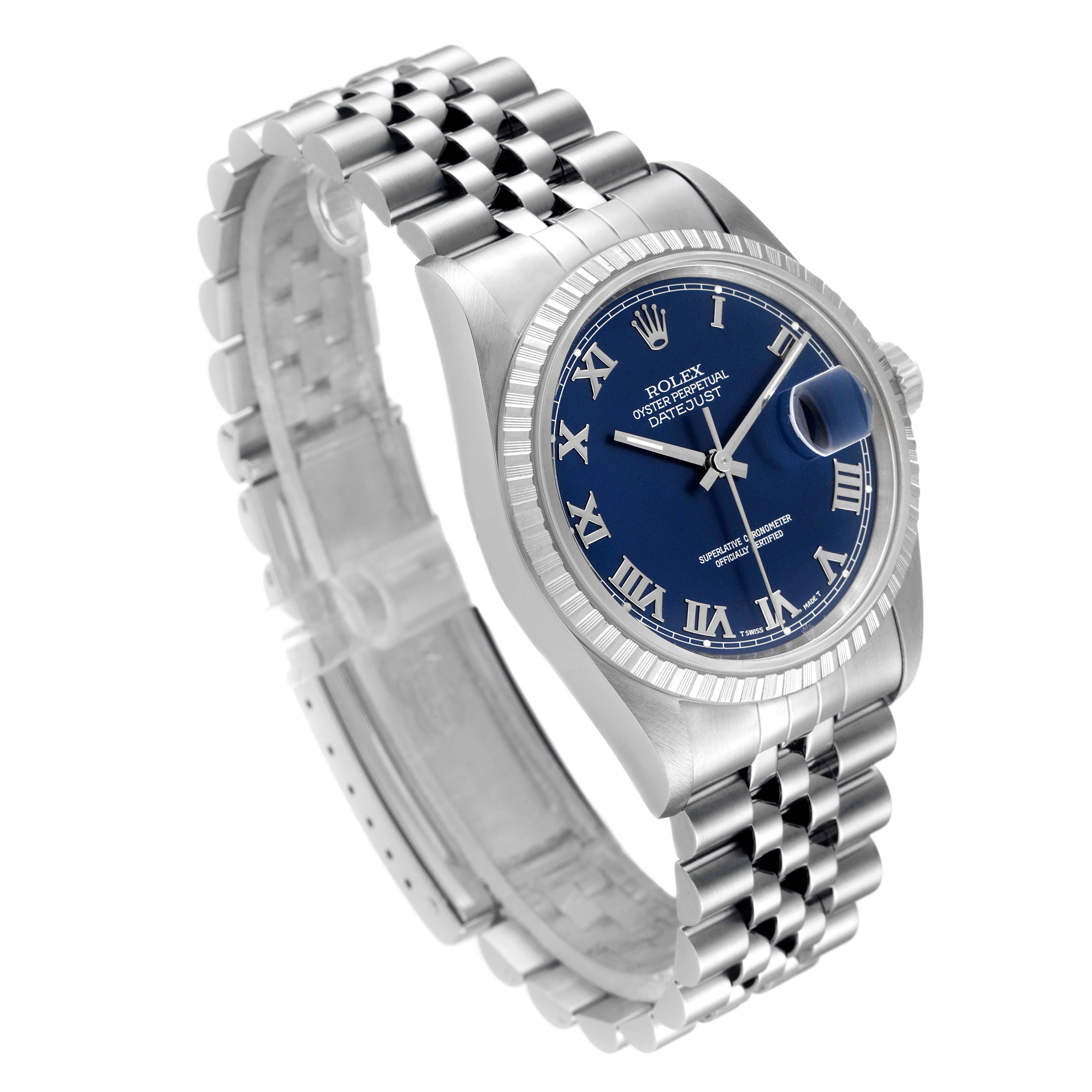 The image shows a Rolex Datejust 16220 Men's Stainless Steel Blue Dial 16220 Men's Stainless Steel Blue Dial watch at a three-quarter angle, highlighting the face, bezel, crown, and partial bracelet.