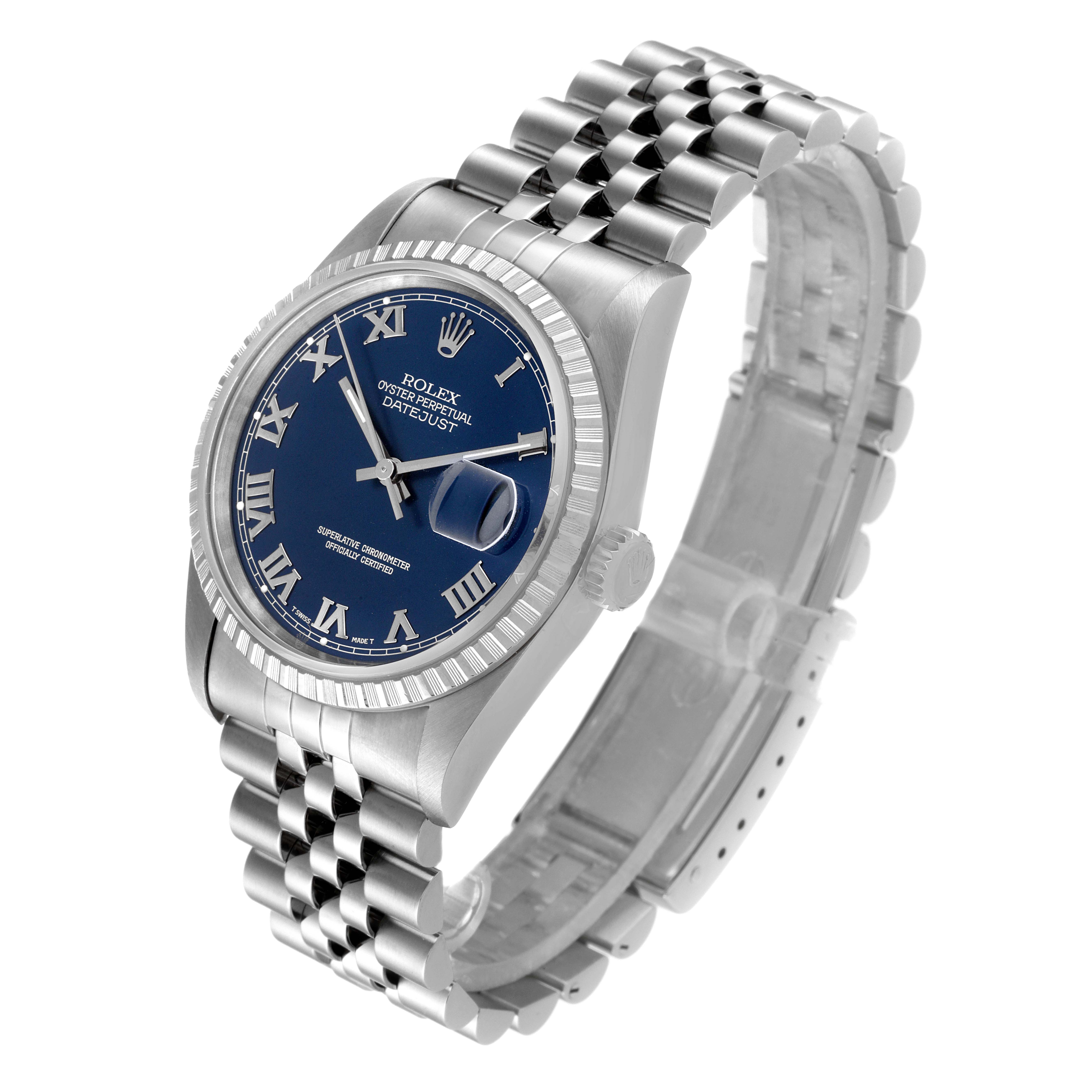 The Rolex Datejust 16220 Men's Stainless Steel Blue Dial 16220 Men's Stainless Steel Blue Dial watch is shown at a three-quarter angle, displaying the face, bezel, and bracelet prominently.