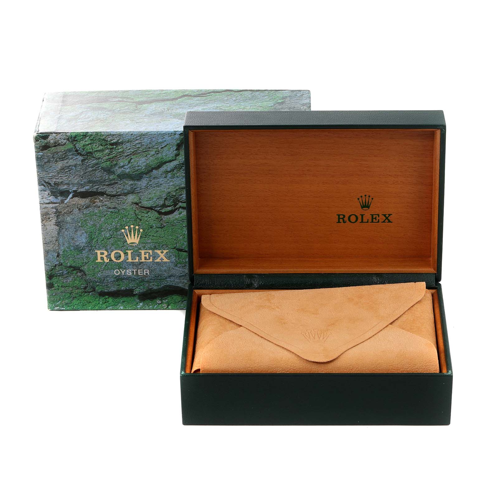 The image shows the box and a suede pouch for a Rolex Datejust 16220 Men's Stainless Steel Blue Dial 16220 Men's Stainless Steel Blue Dial watch, viewed from the front.
