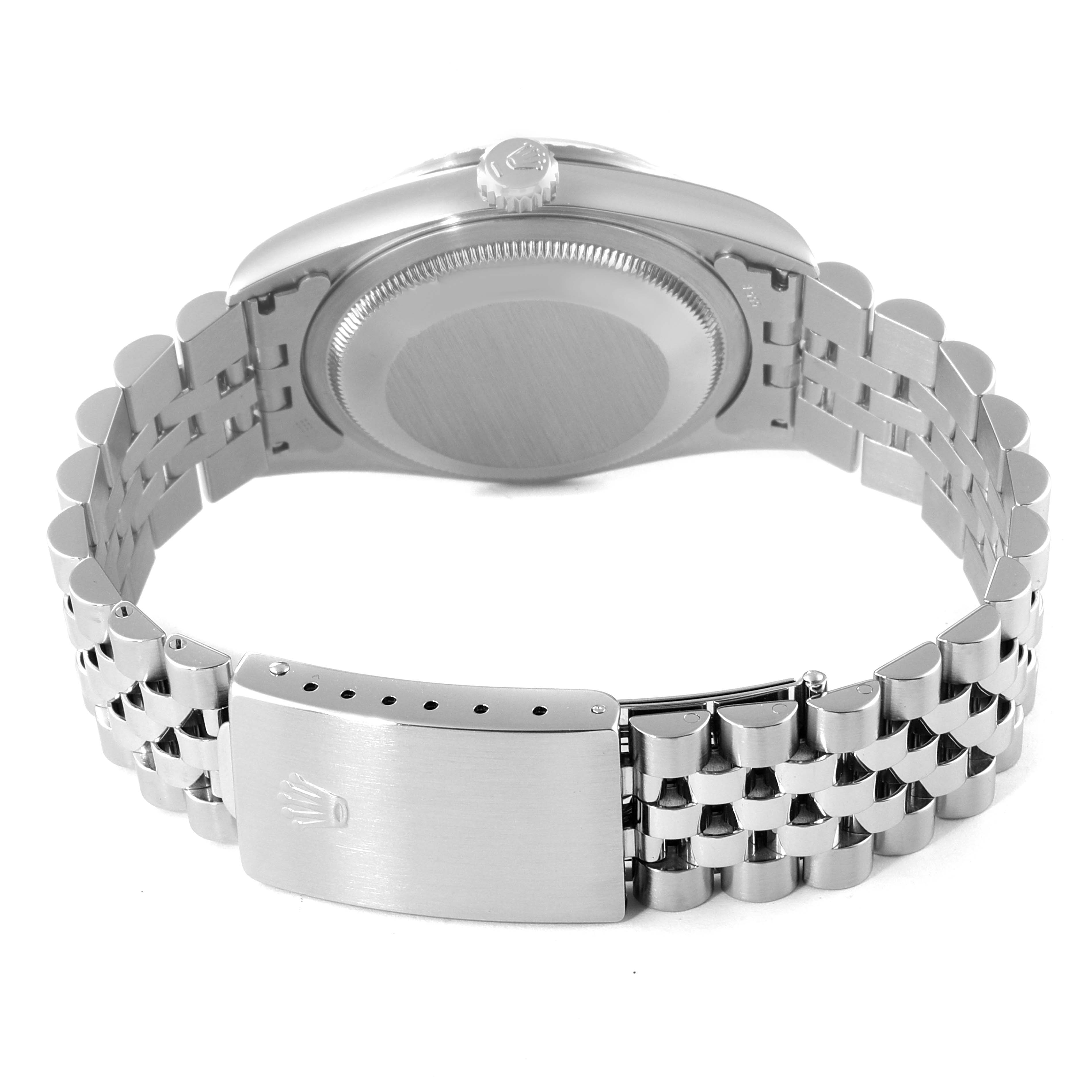 The image shows the back case and the bracelet with the clasp of a Rolex Datejust 16220 Men's Stainless Steel Blue Dial 16220 Men's Stainless Steel Blue Dial watch.