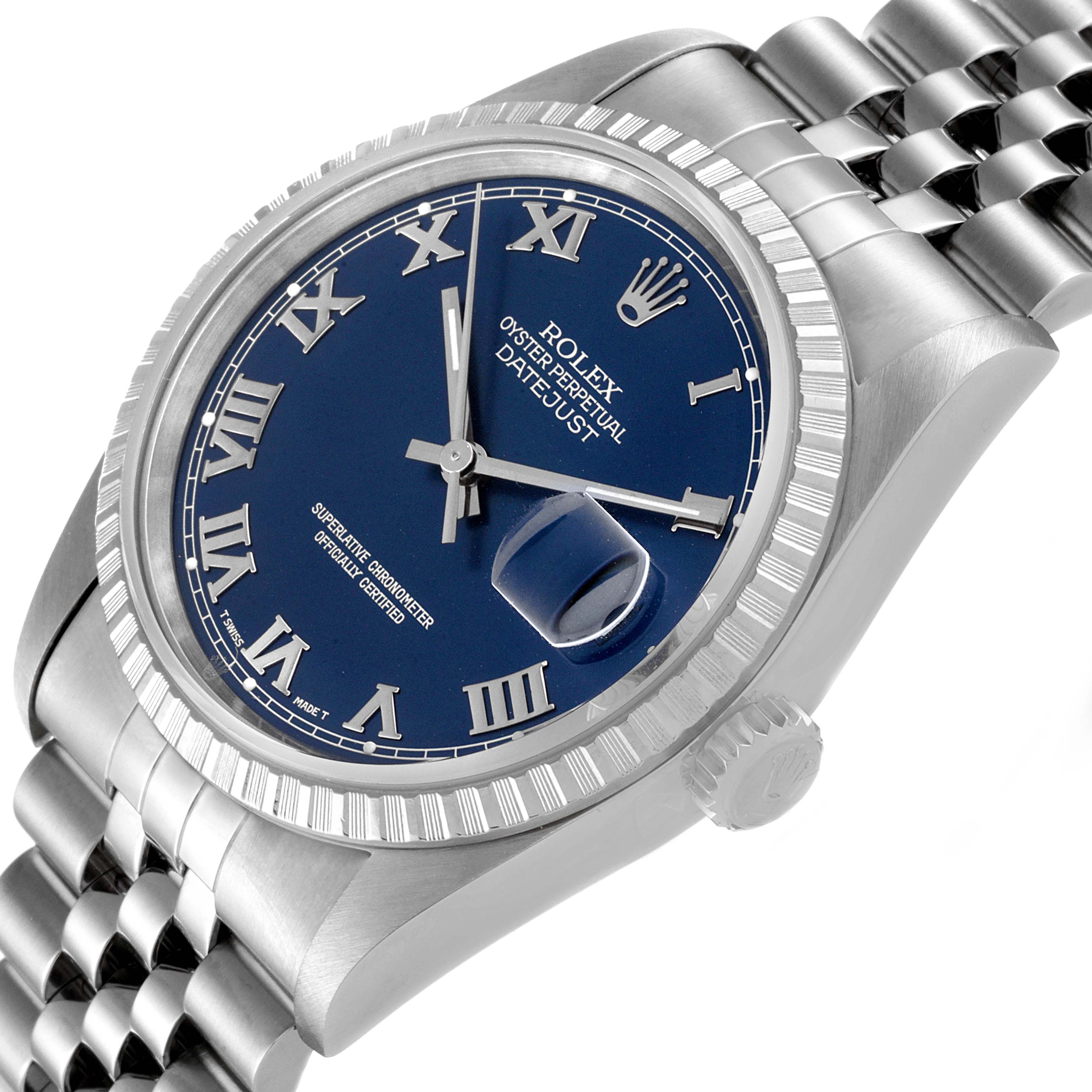 The image shows a Rolex Datejust 16220 Men's Stainless Steel Blue Dial 16220 Men's Stainless Steel Blue Dial watch at a slight angle, highlighting the blue dial, Roman numeral markers, fluted bezel, and jubilee bracelet.