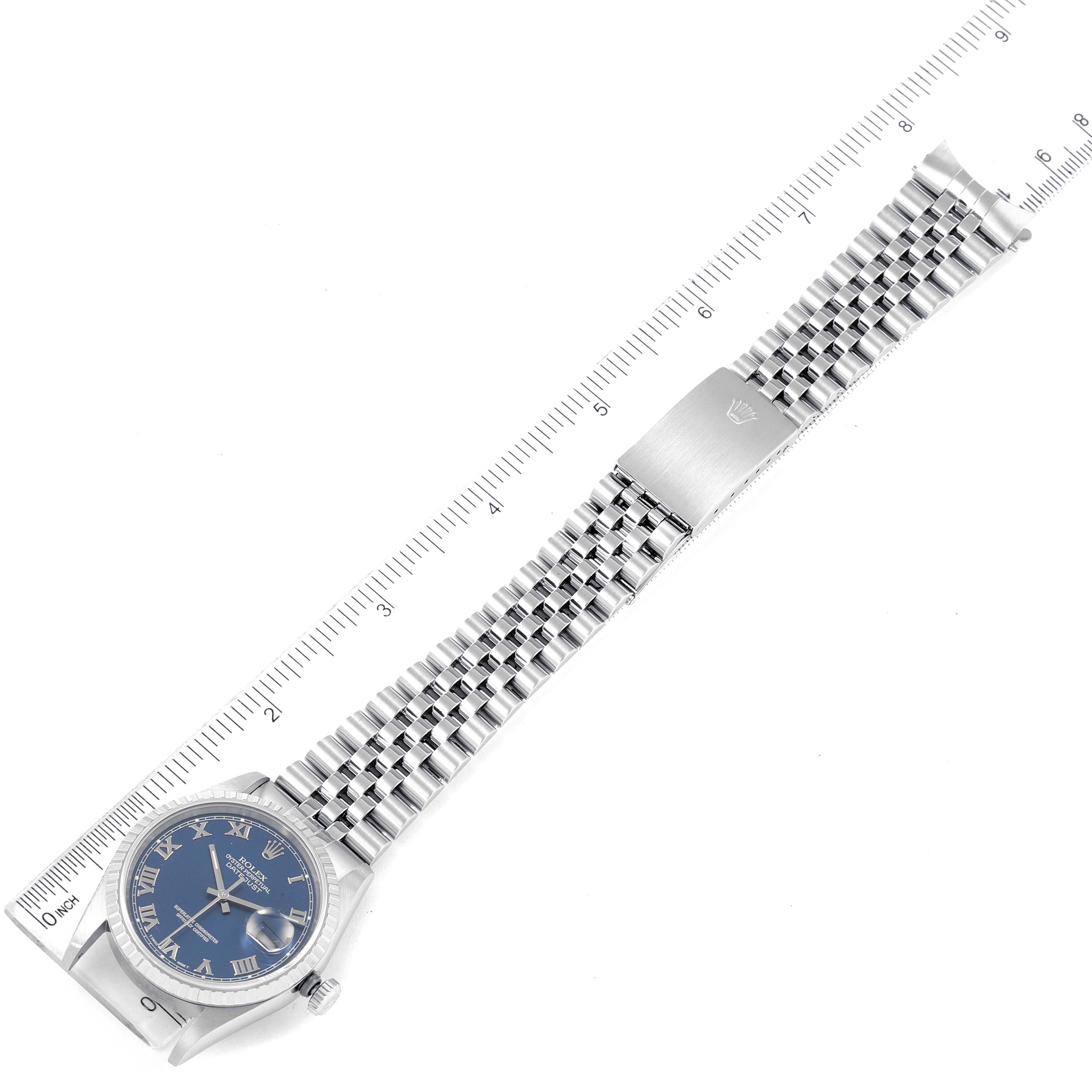The image shows a top-down view of a Rolex Datejust 16220 Men's Stainless Steel Blue Dial 16220 Men's Stainless Steel Blue Dial watch, including its blue dial and stainless steel bracelet.