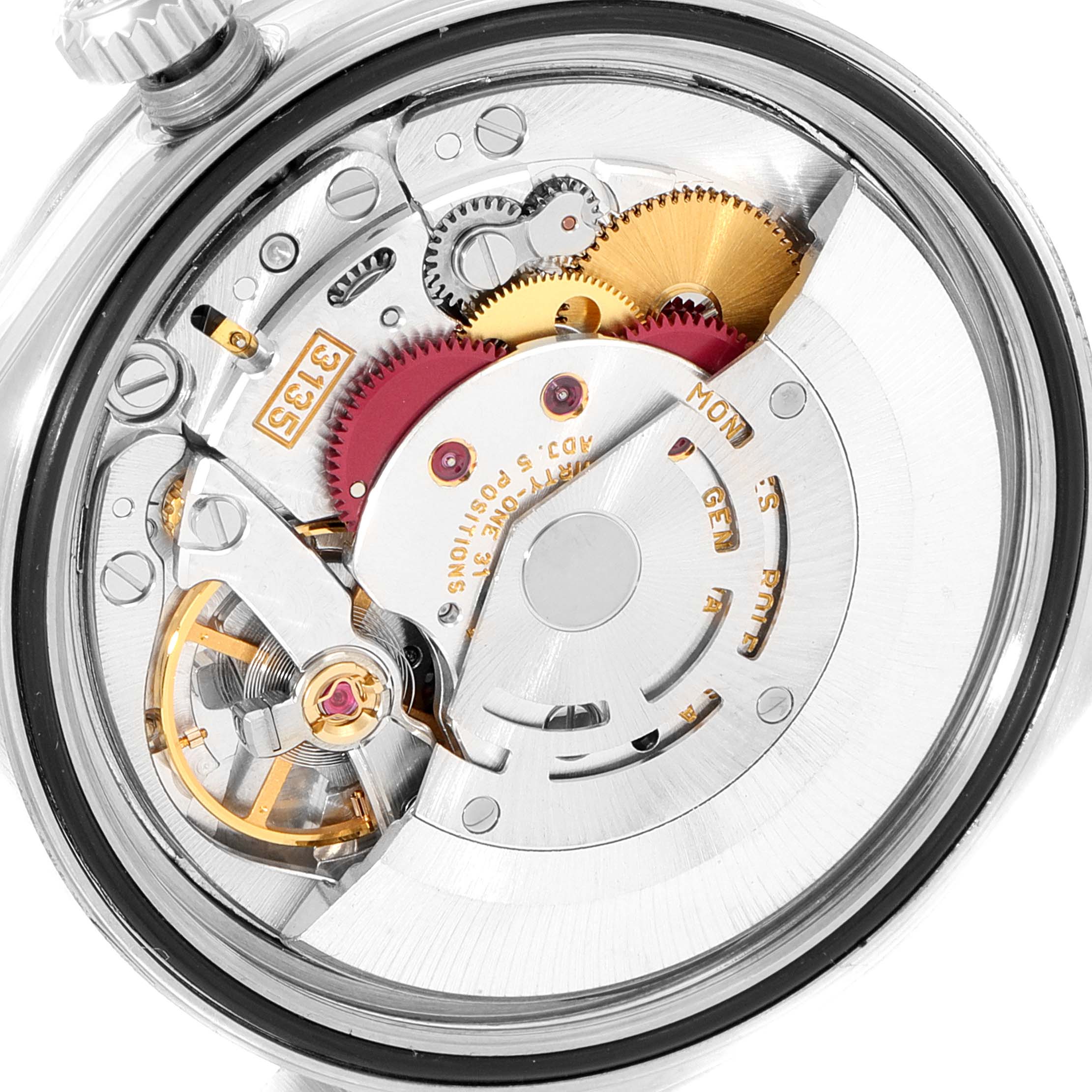 This top-down view shows the intricate internal movement mechanism of a Rolex Datejust 16220 Men's Stainless Steel Blue Dial 16220 Men's Stainless Steel Blue Dial watch.