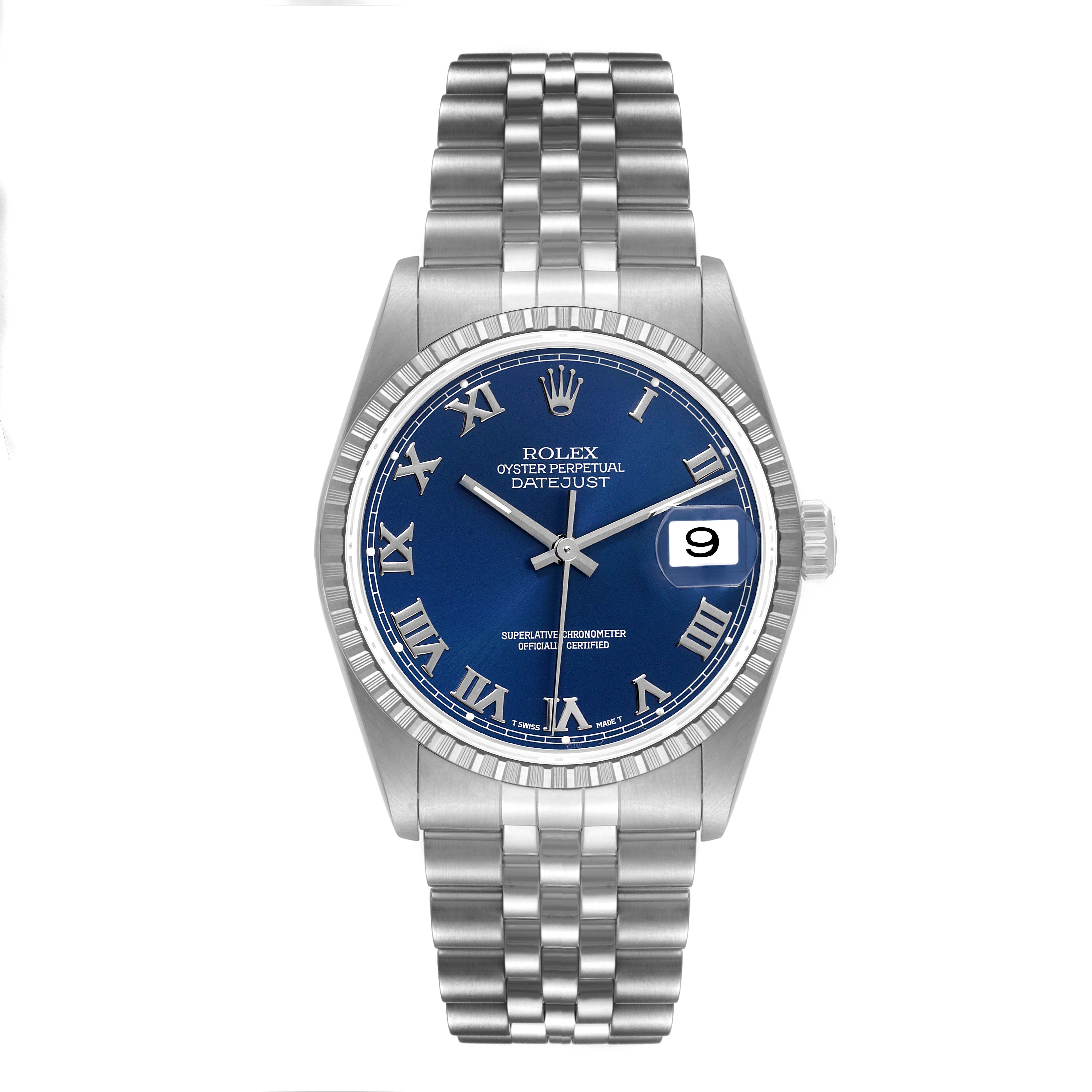 The image shows a front view of a Rolex Datejust 16220 Men's Stainless Steel Blue Dial 16220 Men's Stainless Steel Blue Dial watch with a blue dial and a stainless steel Jubilee bracelet.