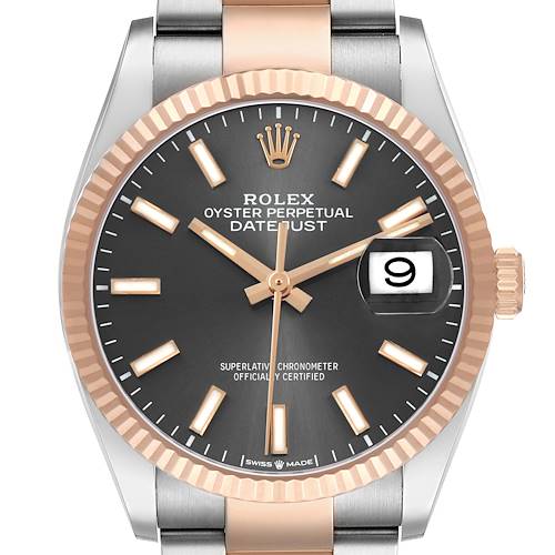 The Rolex Datejust 126231 Men's Steel and Gold (two tone) Grey Dial watch is shown from a front angle, displaying the dial, bezel, and part of the bracelet.