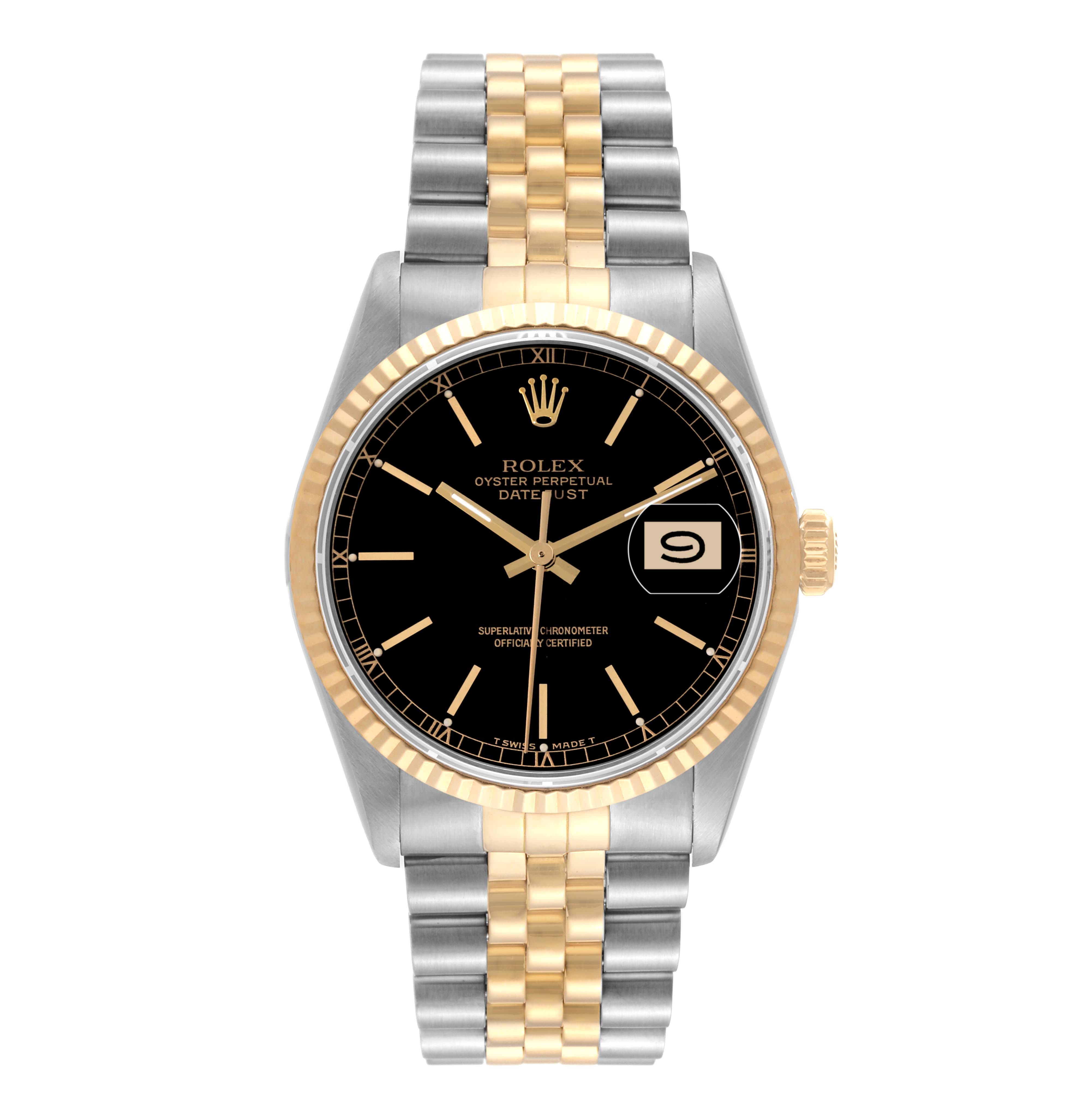 The image shows a front view of a Rolex Datejust 16233 Men's Steel and Gold (two tone) Black Dial 16233 Men's Steel and Gold (two tone) Black Dial watch, featuring a black dial, gold bezel, and two-tone bracelet.