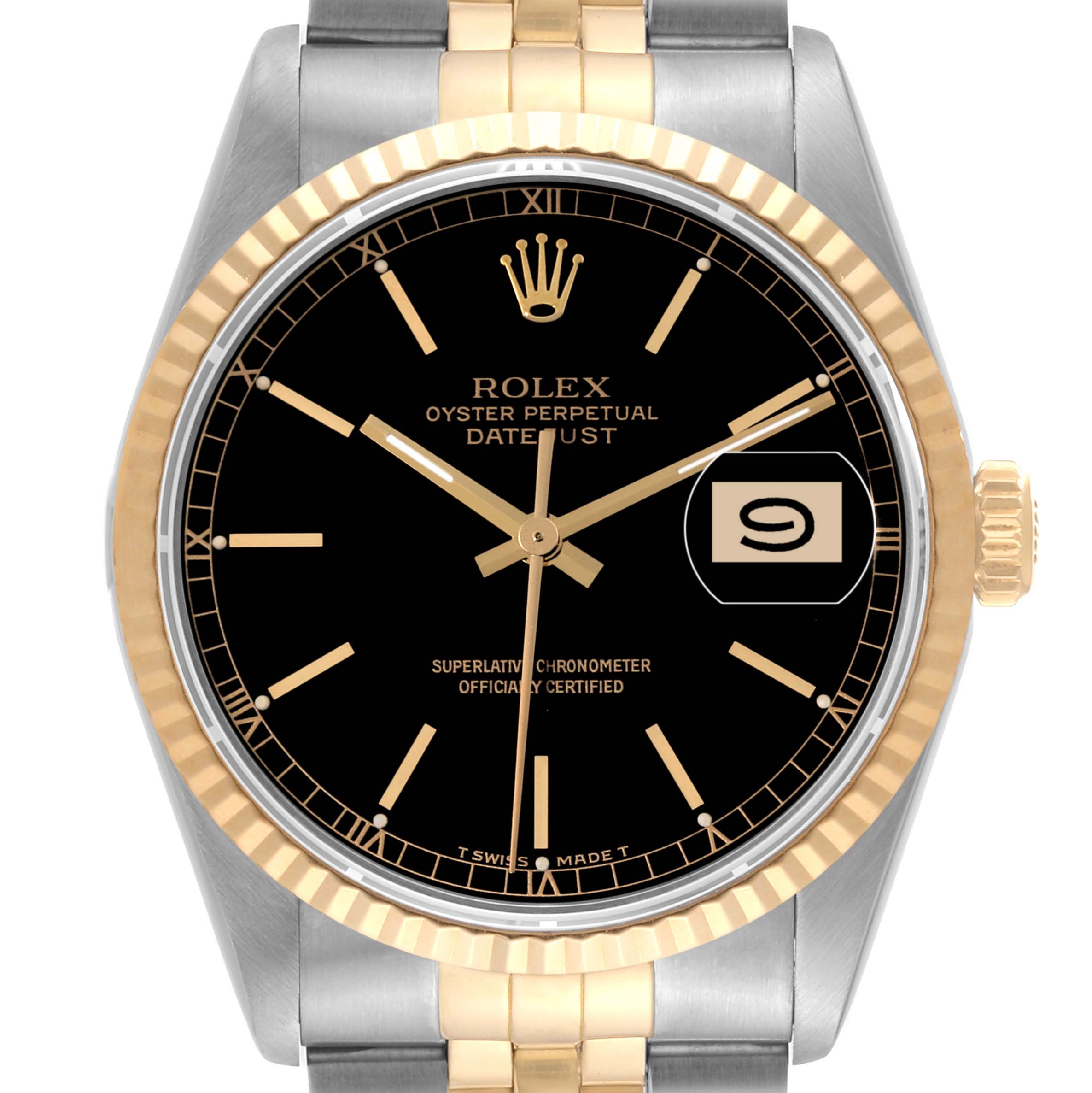 This image shows a front angle view of a Rolex Datejust 16233 Men's Steel and Gold (two tone) Black Dial 16233 Men's Steel and Gold (two tone) Black Dial watch, displaying its black dial, gold markers, date window, and two-tone bracelet.