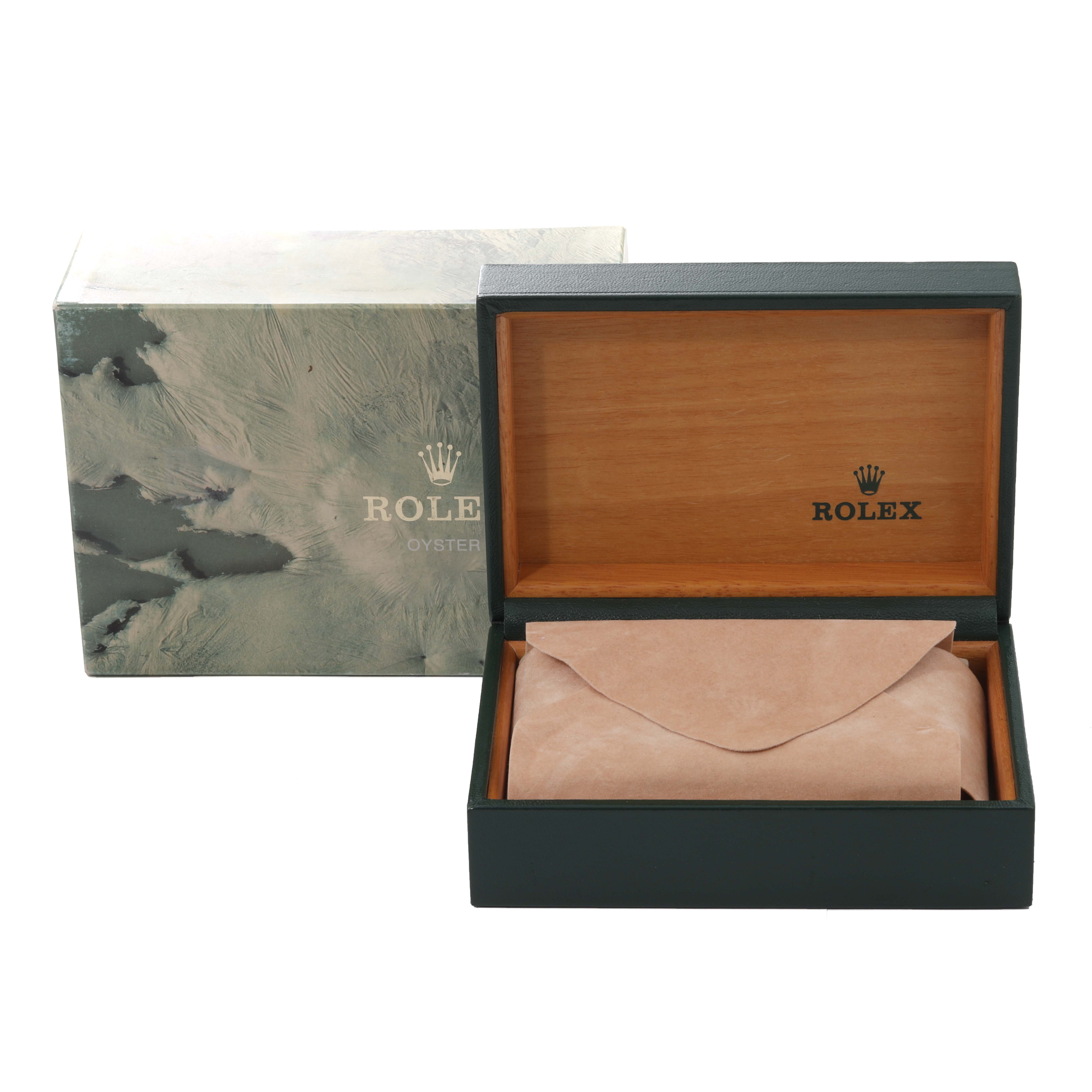 This image shows the packaging for a Rolex Datejust 16233 Men's Steel and Gold (two tone) Black Dial 16233 Men's Steel and Gold (two tone) Black Dial watch, including the outer box and inner wooden presentation box.