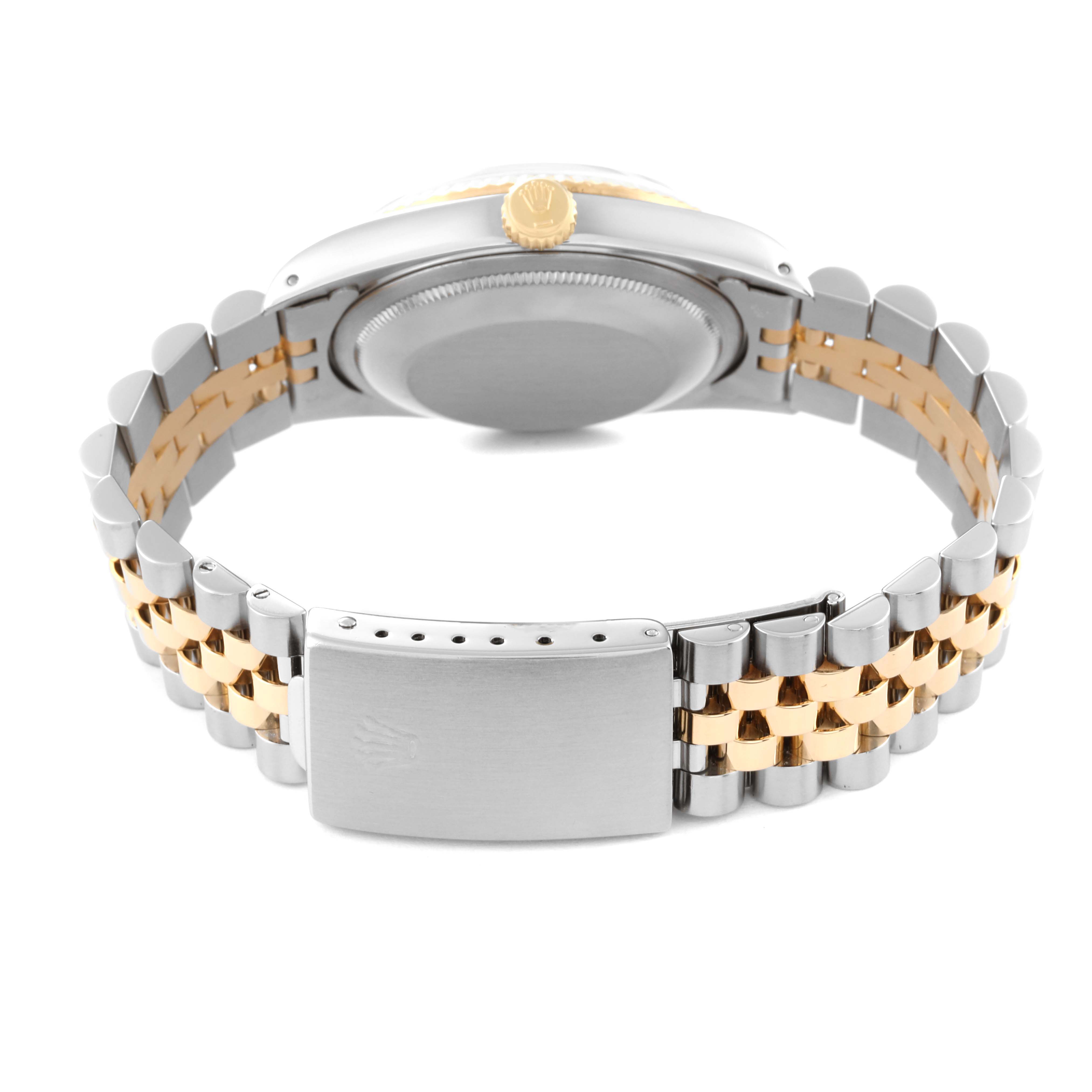 The image shows the back view of a Rolex Datejust 16233 Men's Steel and Gold (two tone) Black Dial 16233 Men's Steel and Gold (two tone) Black Dial watch, focusing on the case back, crown, and Jubilee bracelet clasp.