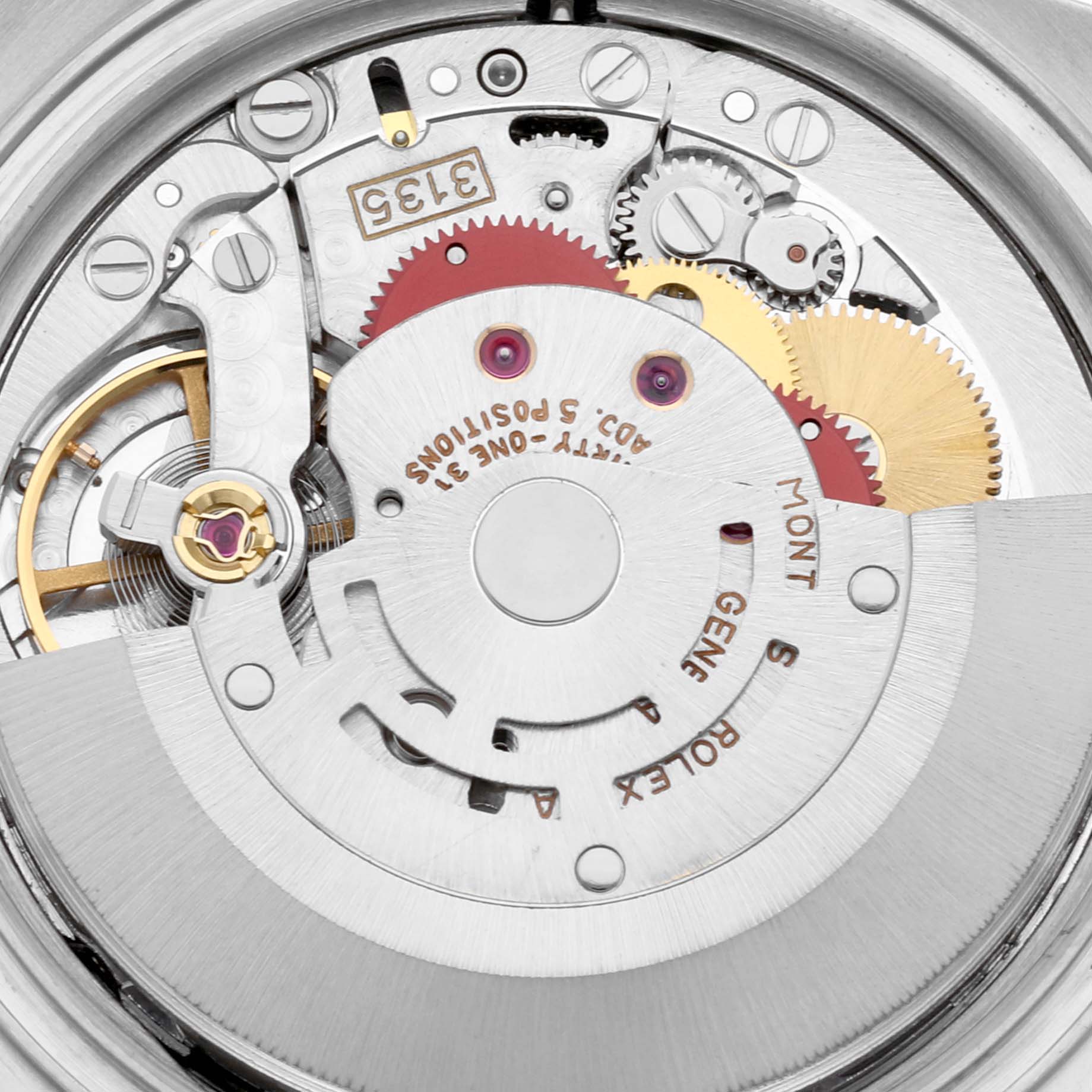 The image shows a close-up view of the movement mechanism inside a Rolex Datejust 16233 Men's Steel and Gold (two tone) Black Dial 16233 Men's Steel and Gold (two tone) Black Dial watch.