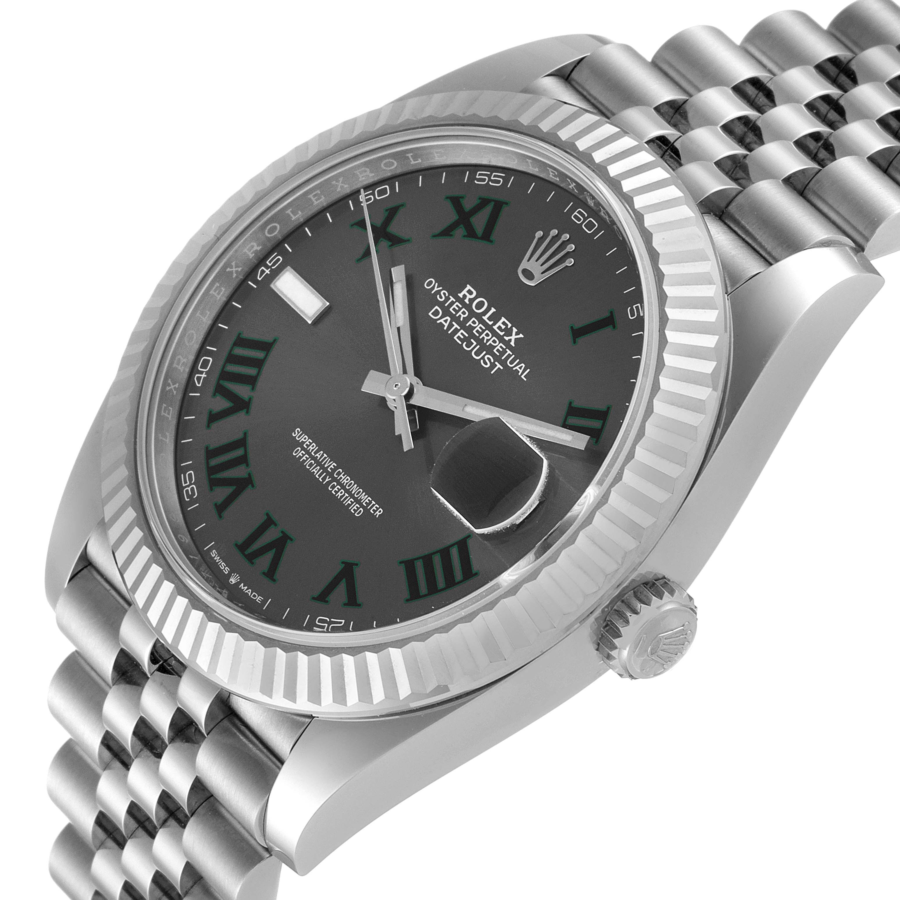 The image shows a side angle of a Rolex Datejust 41 126334 Men
s Stainless Steel Grey Dial 126334 Men
s Stainless Steel Grey Dial watch highlighting the dial, bezel, and bracelet.
