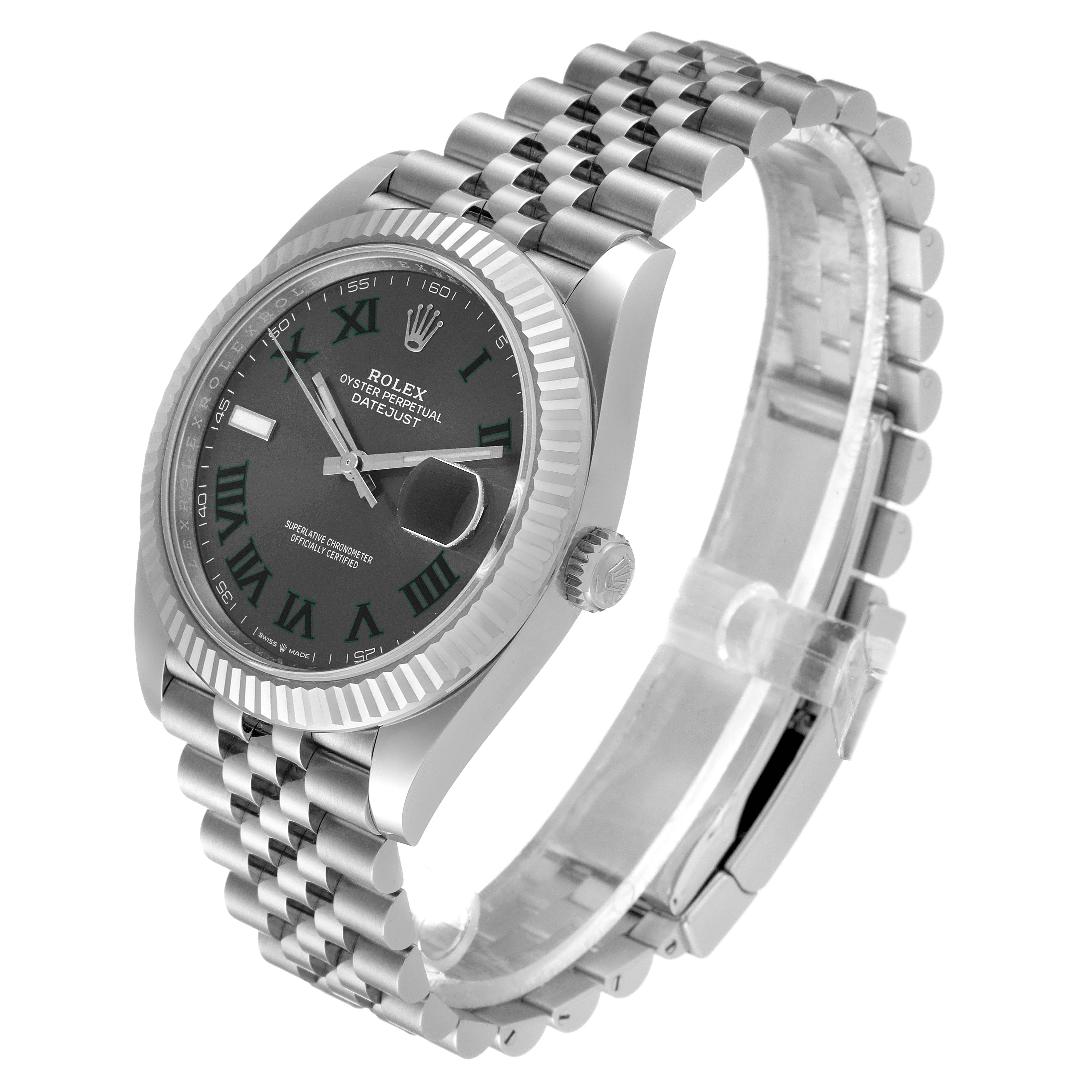 The image shows a Rolex Datejust 41 126334 Men
s Stainless Steel Grey Dial 126334 Men
s Stainless Steel Grey Dial watch at a three-quarter angle, highlighting its face, fluted bezel, and Jubilee bracelet.