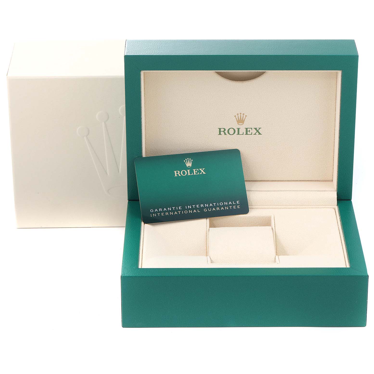 The image shows the packaging, inner box, and warranty card for a Rolex Datejust 41 126334 Men
s Stainless Steel Grey Dial 126334 Men
s Stainless Steel Grey Dial watch.