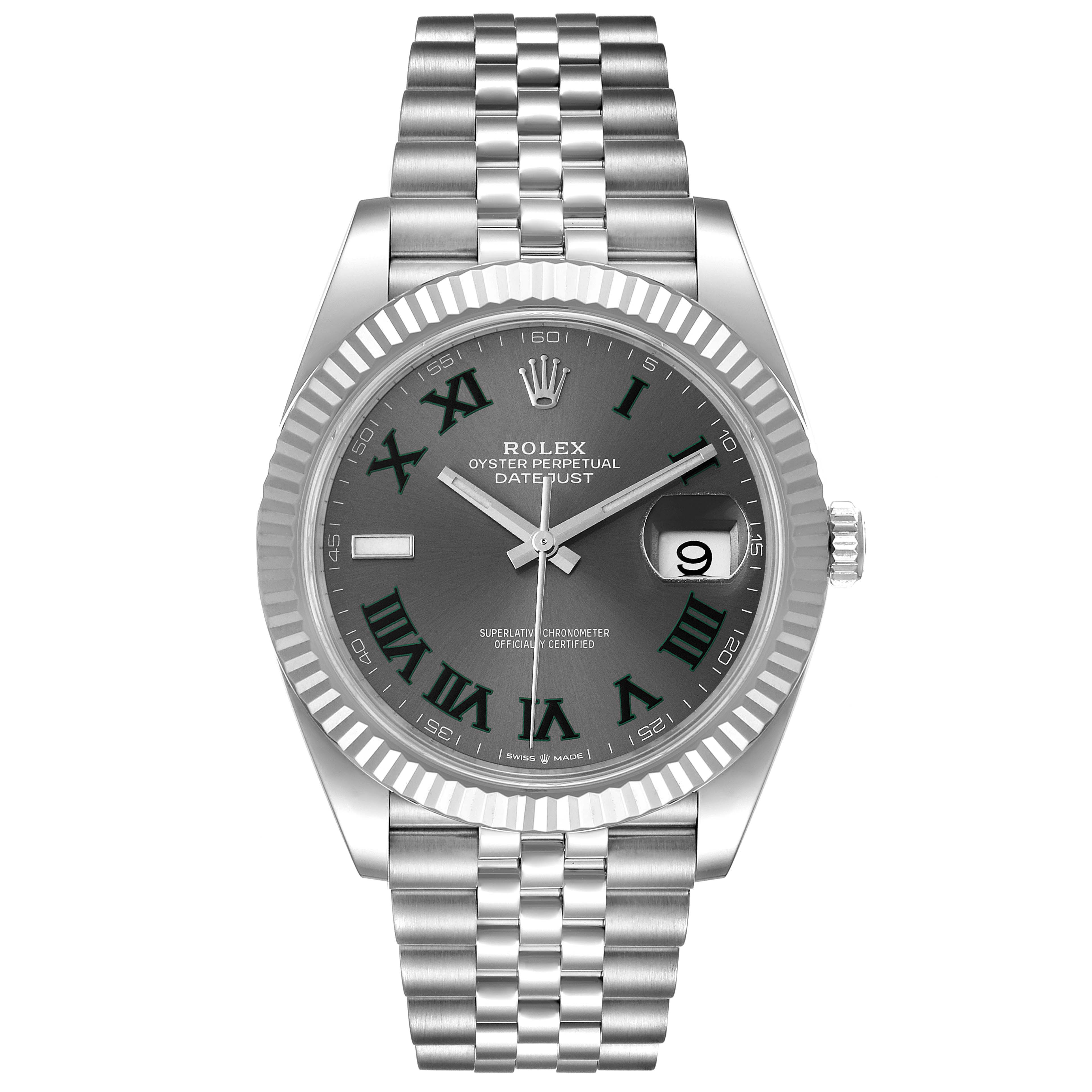 The image shows a frontal view of a Rolex Datejust 41 126334 Men
s Stainless Steel Grey Dial 126334 Men
s Stainless Steel Grey Dial watch, featuring its gray dial, fluted bezel, and Jubilee bracelet.