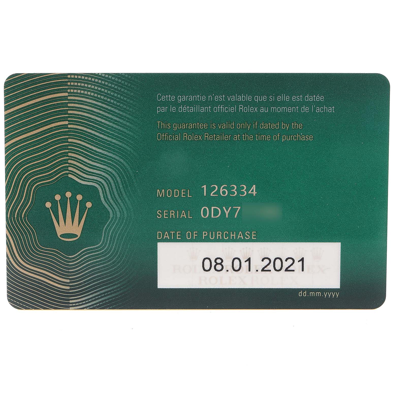 This is a Rolex guarantee card for the Datejust 41 model, displaying the model number, serial number, and date of purchase.