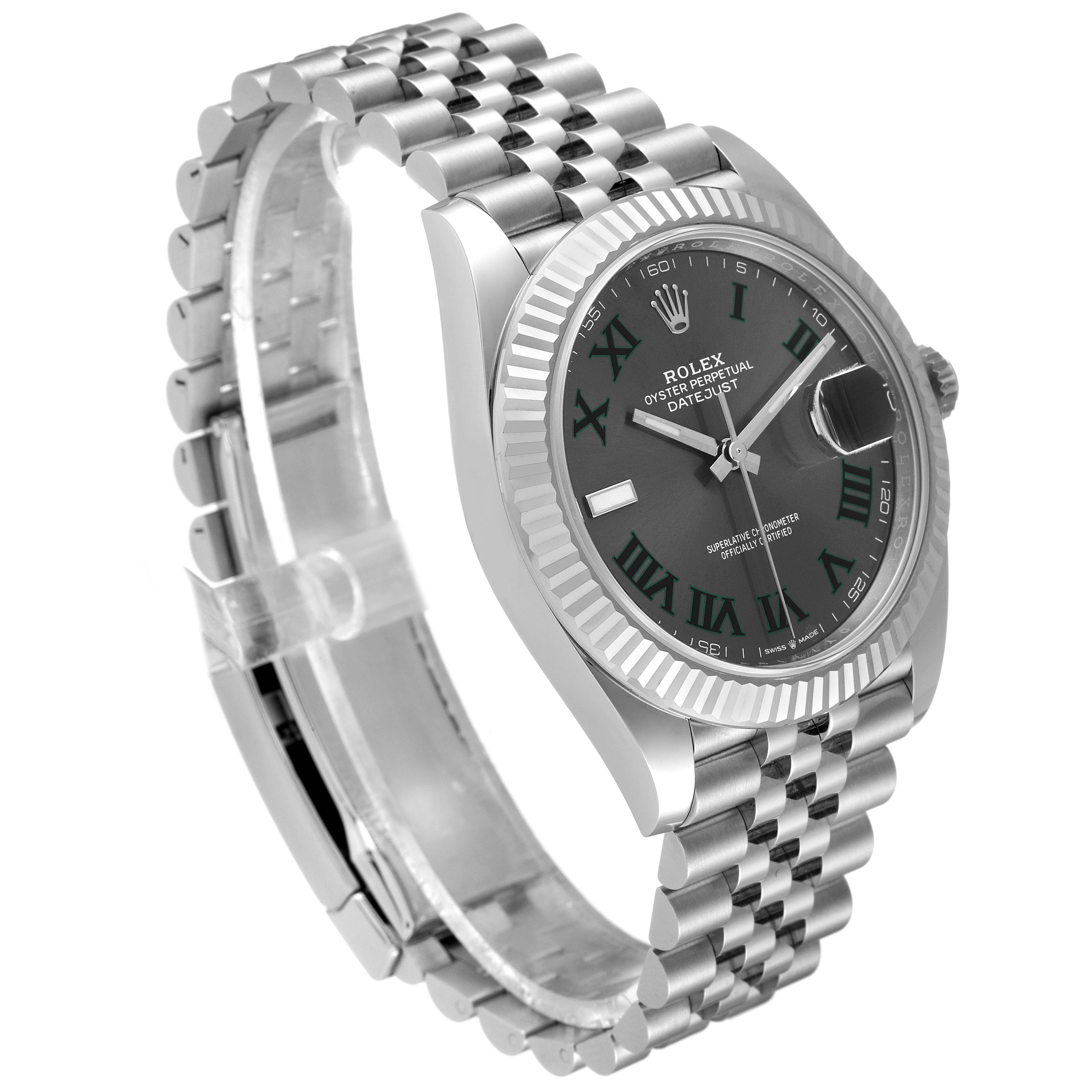 The image shows a three-quarter view of the Rolex Datejust 41 126334 Men
s Stainless Steel Grey Dial 126334 Men
s Stainless Steel Grey Dial, highlighting its face, bezel, and Jubilee bracelet.