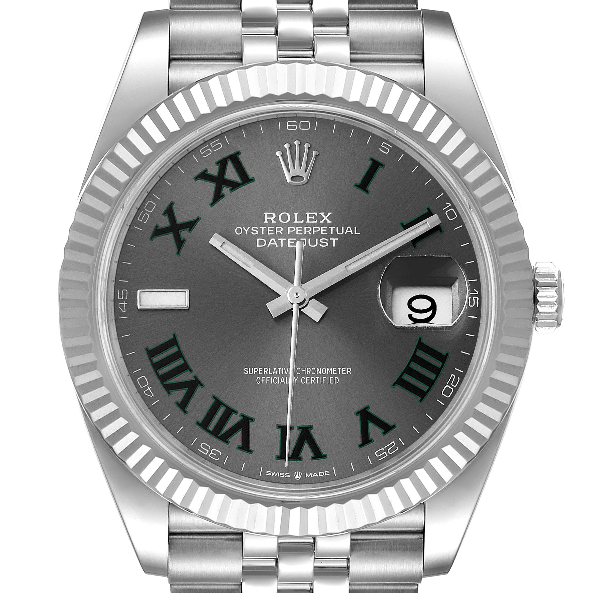 This image shows a direct front view of a Rolex Datejust 41 126334 Men
s Stainless Steel Grey Dial 126334 Men
s Stainless Steel Grey Dial watch, highlighting the dial, bezel, and bracelet.
