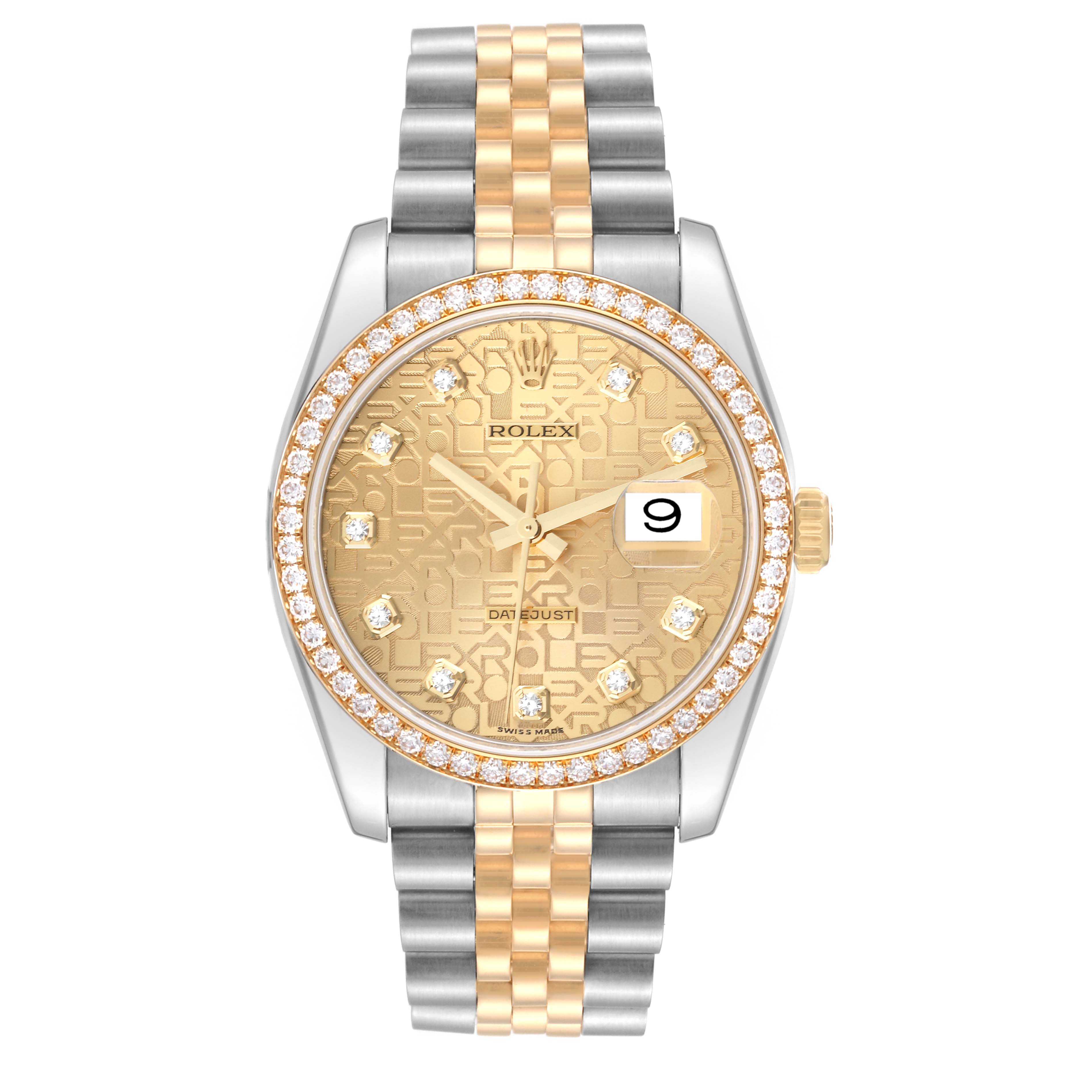 This Rolex Datejust 116243 Men's Steel and Gold (two tone) Champagne Dial 116243 Men's Steel and Gold (two tone) Champagne Dial watch is shown from a front angle, featuring a gold and silver bracelet, a gold dial, and a diamond-studded bezel.