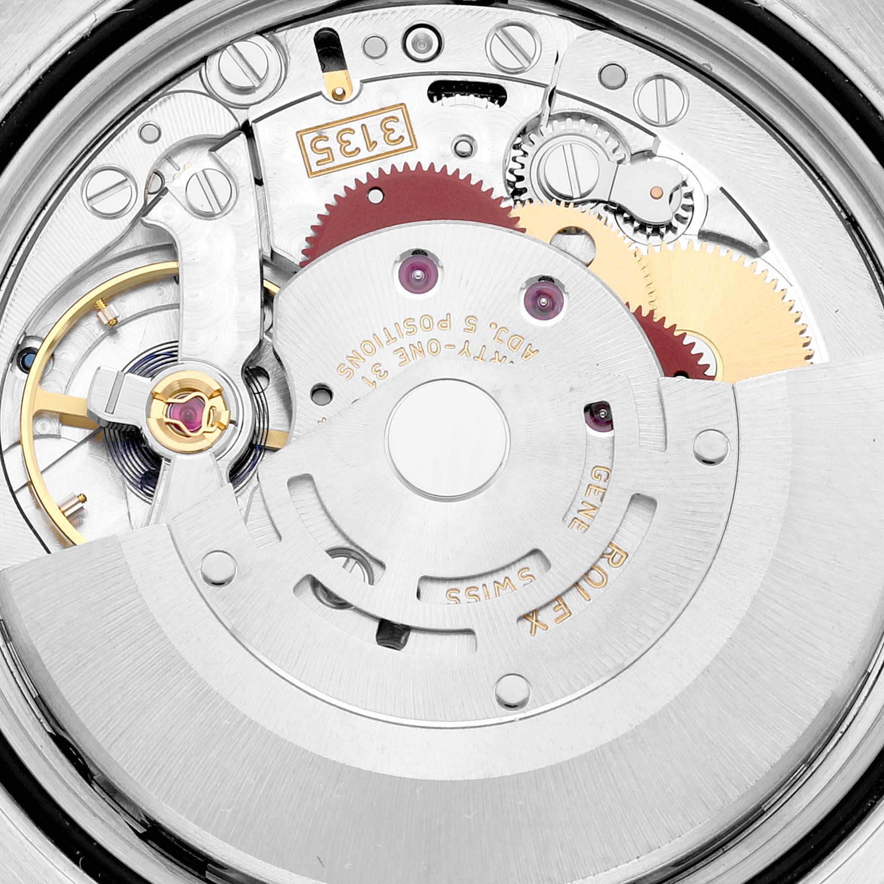 The image shows a close-up of the movement mechanism inside a Rolex Datejust 116243 Men's Steel and Gold (two tone) Champagne Dial 116243 Men's Steel and Gold (two tone) Champagne Dial watch, highlighting gears and internal components.