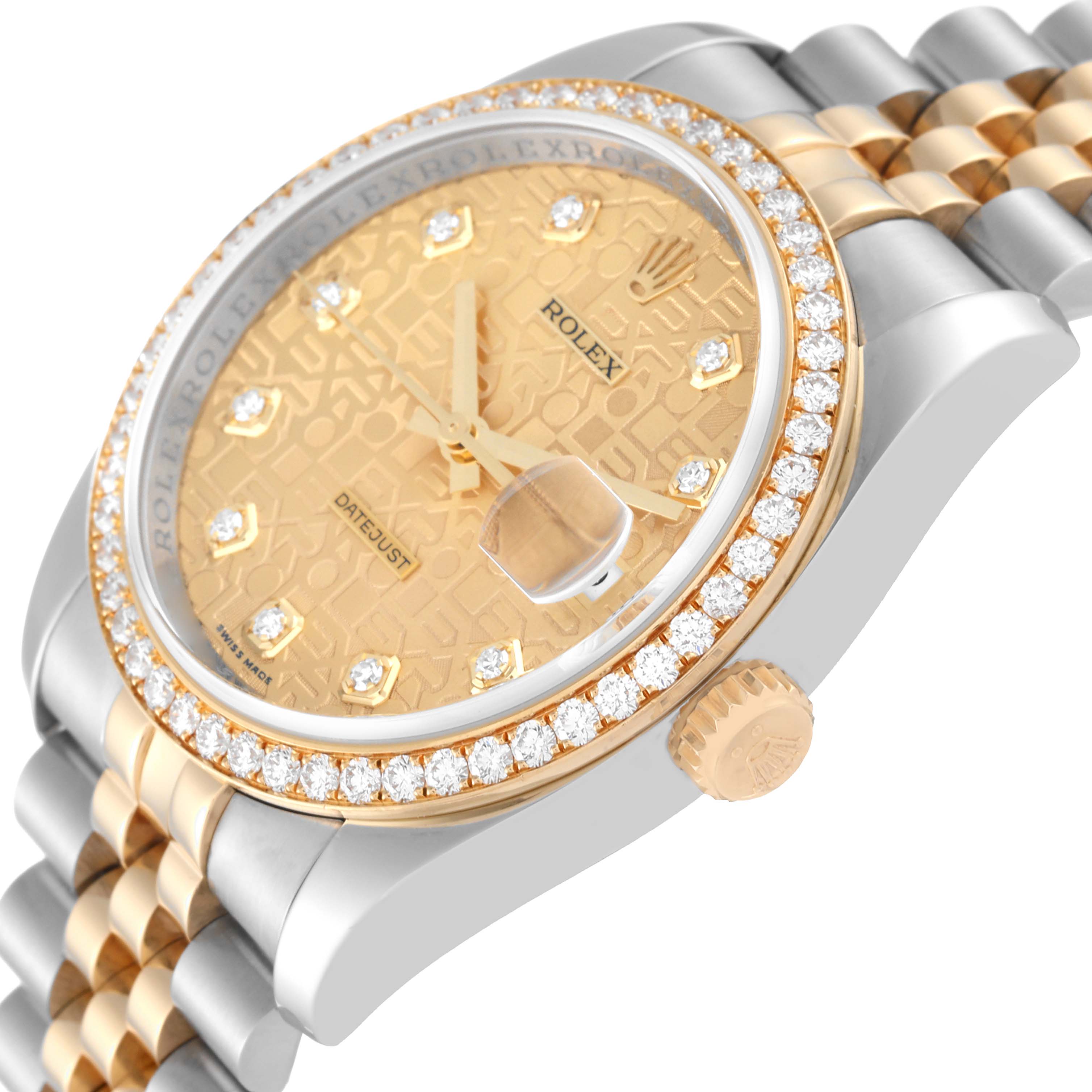 The image shows a close-up angled view of a Rolex Datejust 116243 Men's Steel and Gold (two tone) Champagne Dial 116243 Men's Steel and Gold (two tone) Champagne Dial, highlighting its bezel, face, and part of the bracelet.