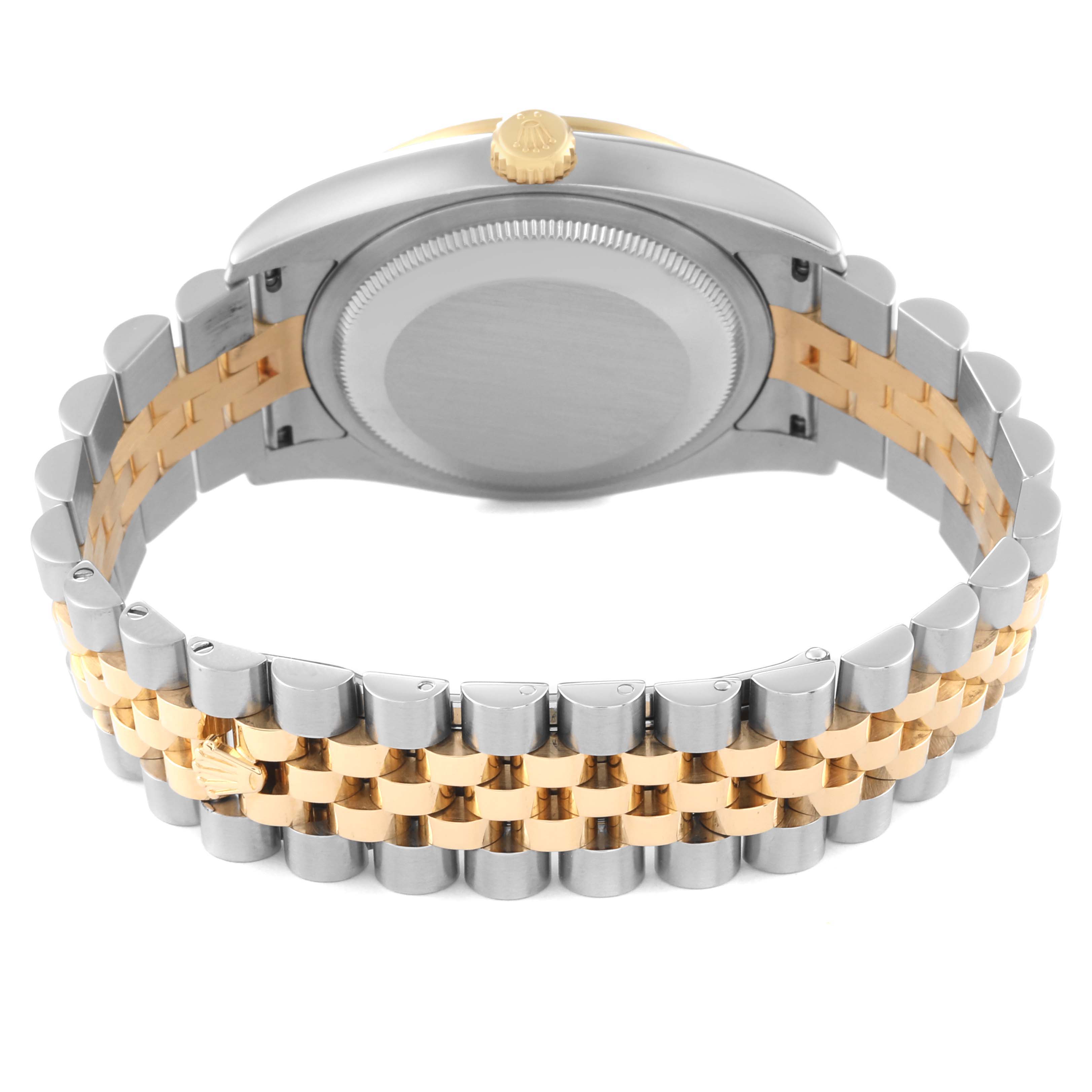 The image shows the back view of a Rolex Datejust 116243 Men's Steel and Gold (two tone) Champagne Dial 116243 Men's Steel and Gold (two tone) Champagne Dial watch, highlighting the case back and the two-tone metal bracelet.