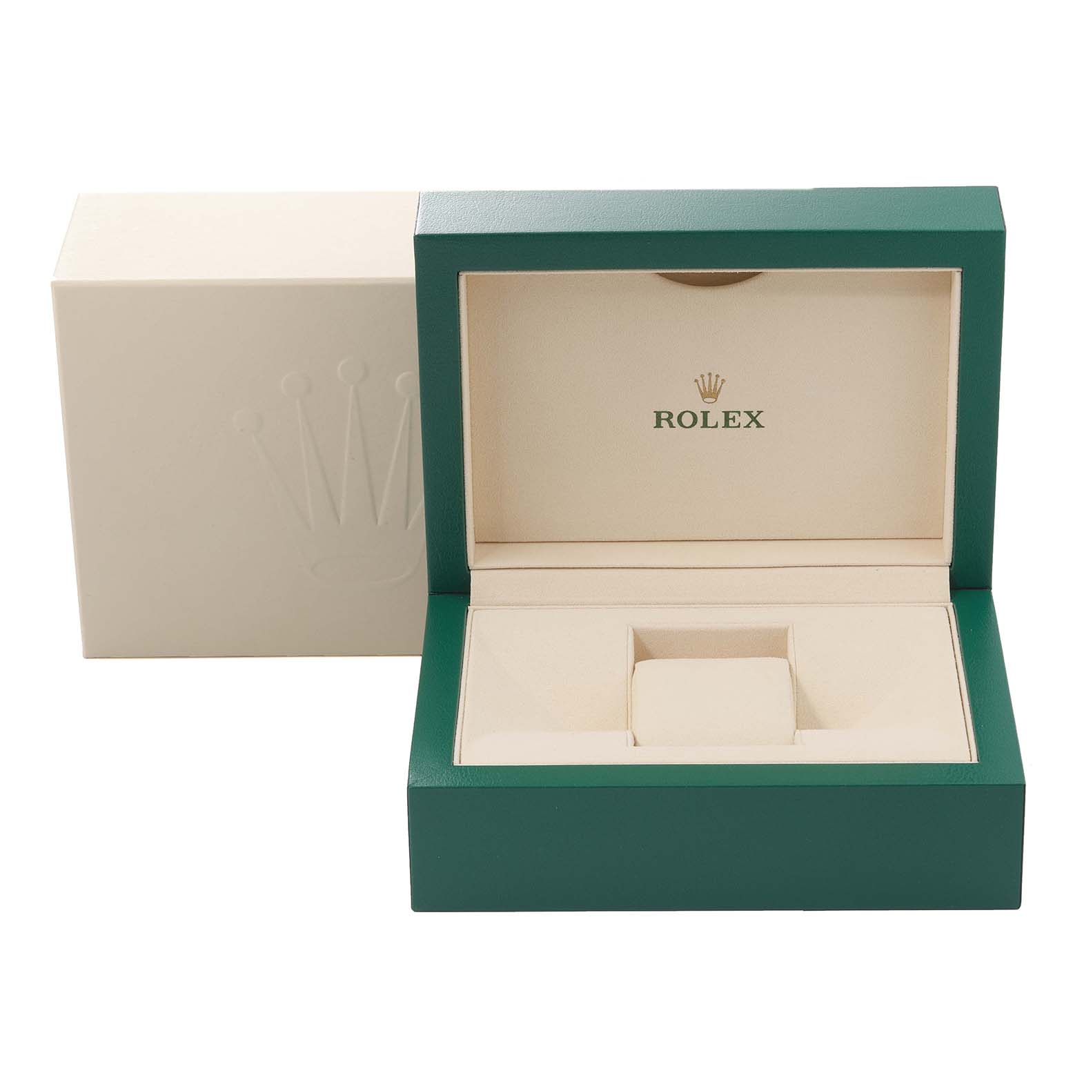 This image shows an open Rolex Datejust 116243 Men's Steel and Gold (two tone) Champagne Dial 116243 Men's Steel and Gold (two tone) Champagne Dial watch box in green and beige, revealing the interior cushioning and Rolex branding.