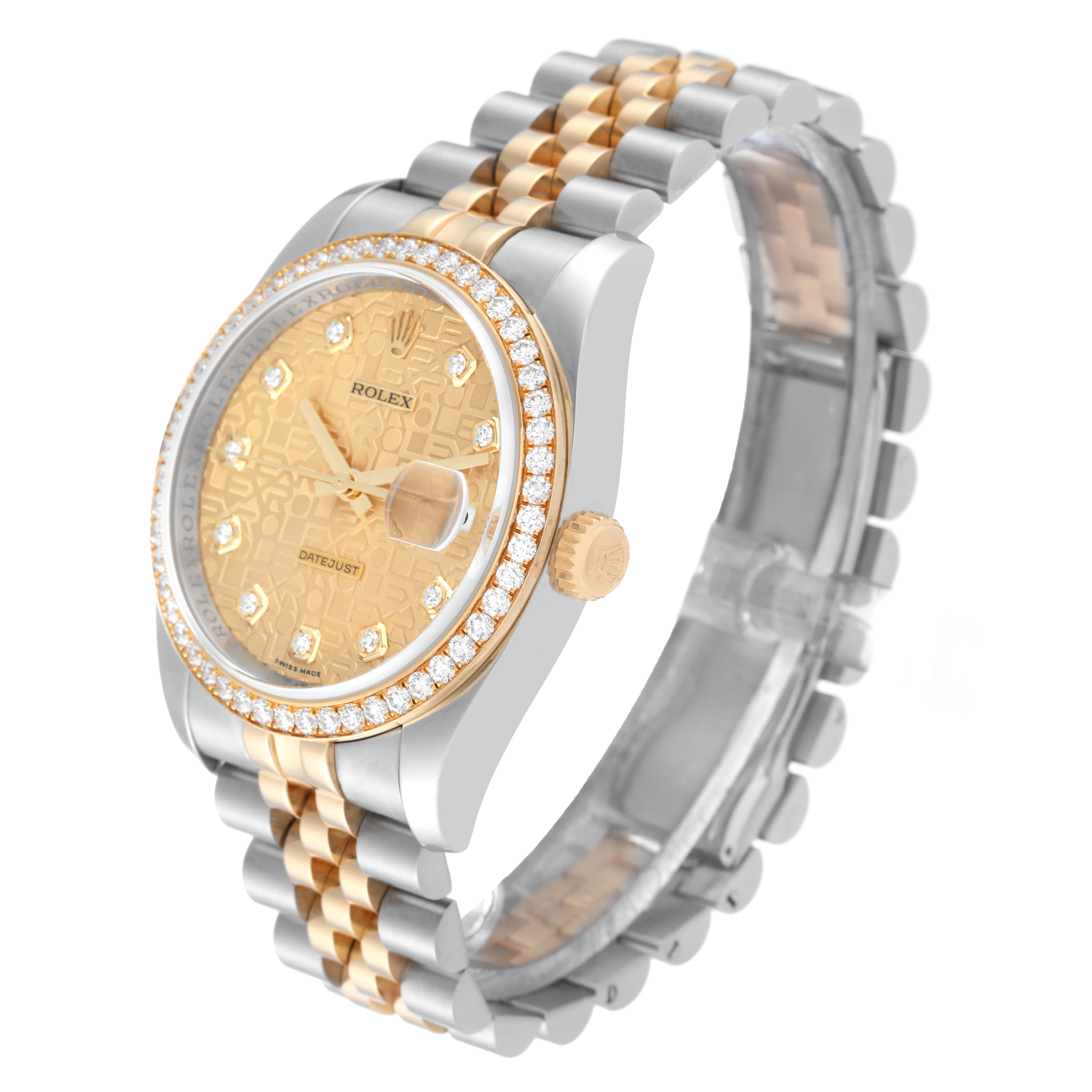 This image shows a Rolex Datejust 116243 Men's Steel and Gold (two tone) Champagne Dial 116243 Men's Steel and Gold (two tone) Champagne Dial watch at a three-quarter angle, highlighting the face, bezel, crown, and bracelet.