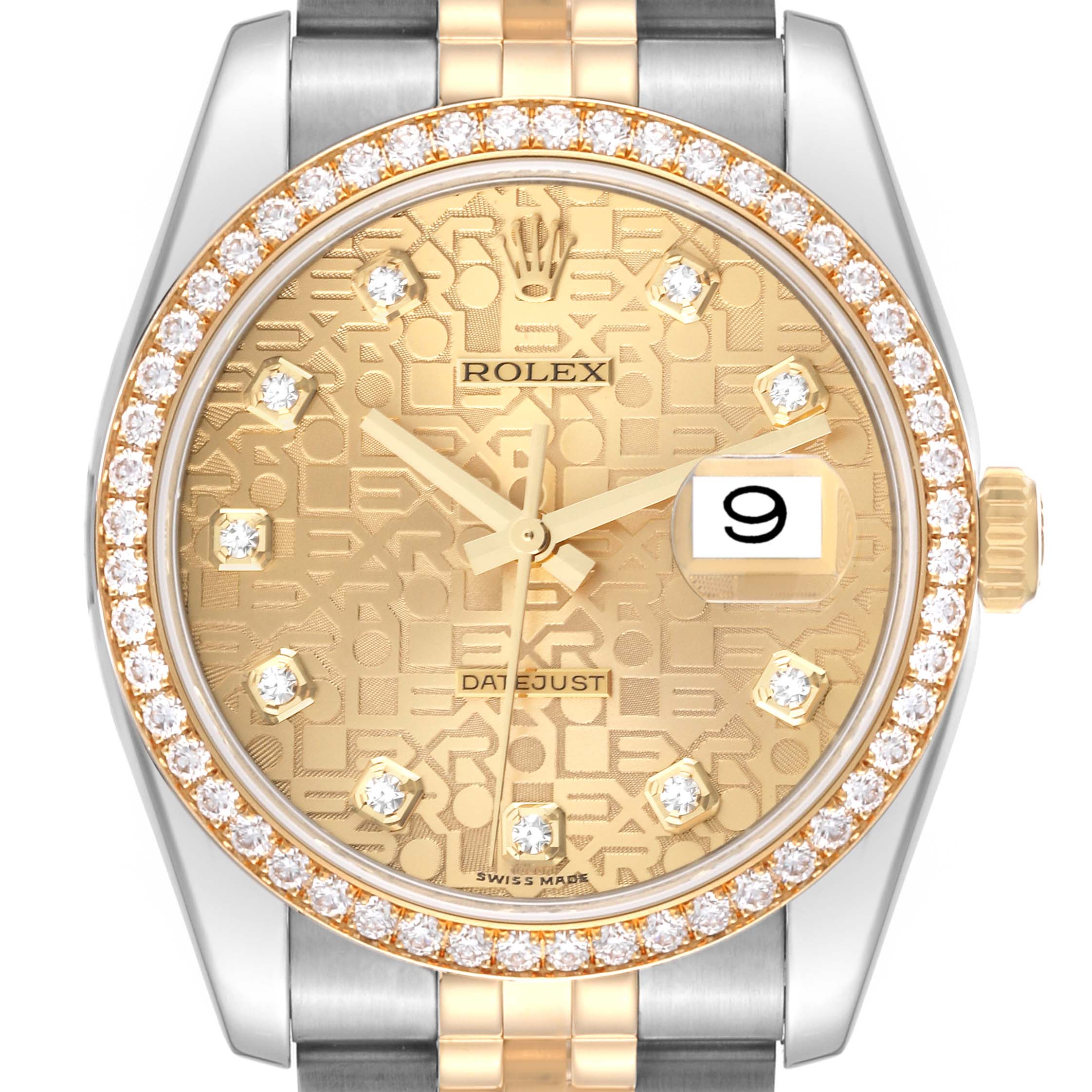 This image shows a front view of the Rolex Datejust 116243 Men's Steel and Gold (two tone) Champagne Dial 116243 Men's Steel and Gold (two tone) Champagne Dial watch, featuring a gold dial, diamond bezel, and two-tone bracelet.