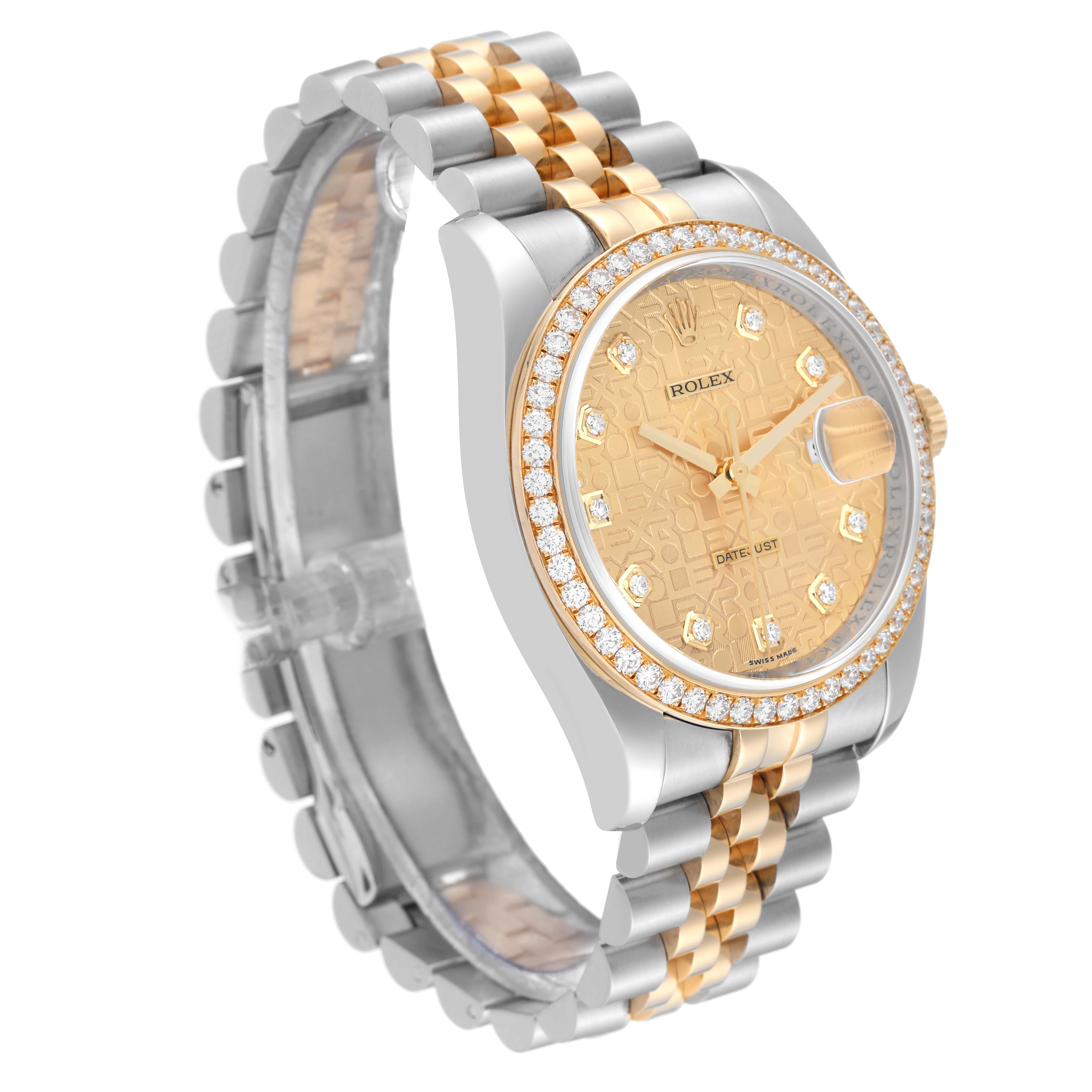 The image shows a Rolex Datejust 116243 Men's Steel and Gold (two tone) Champagne Dial 116243 Men's Steel and Gold (two tone) Champagne Dial watch at a three-quarter angle, highlighting its gold and silver bracelet, bezel, and diamond-set dial.