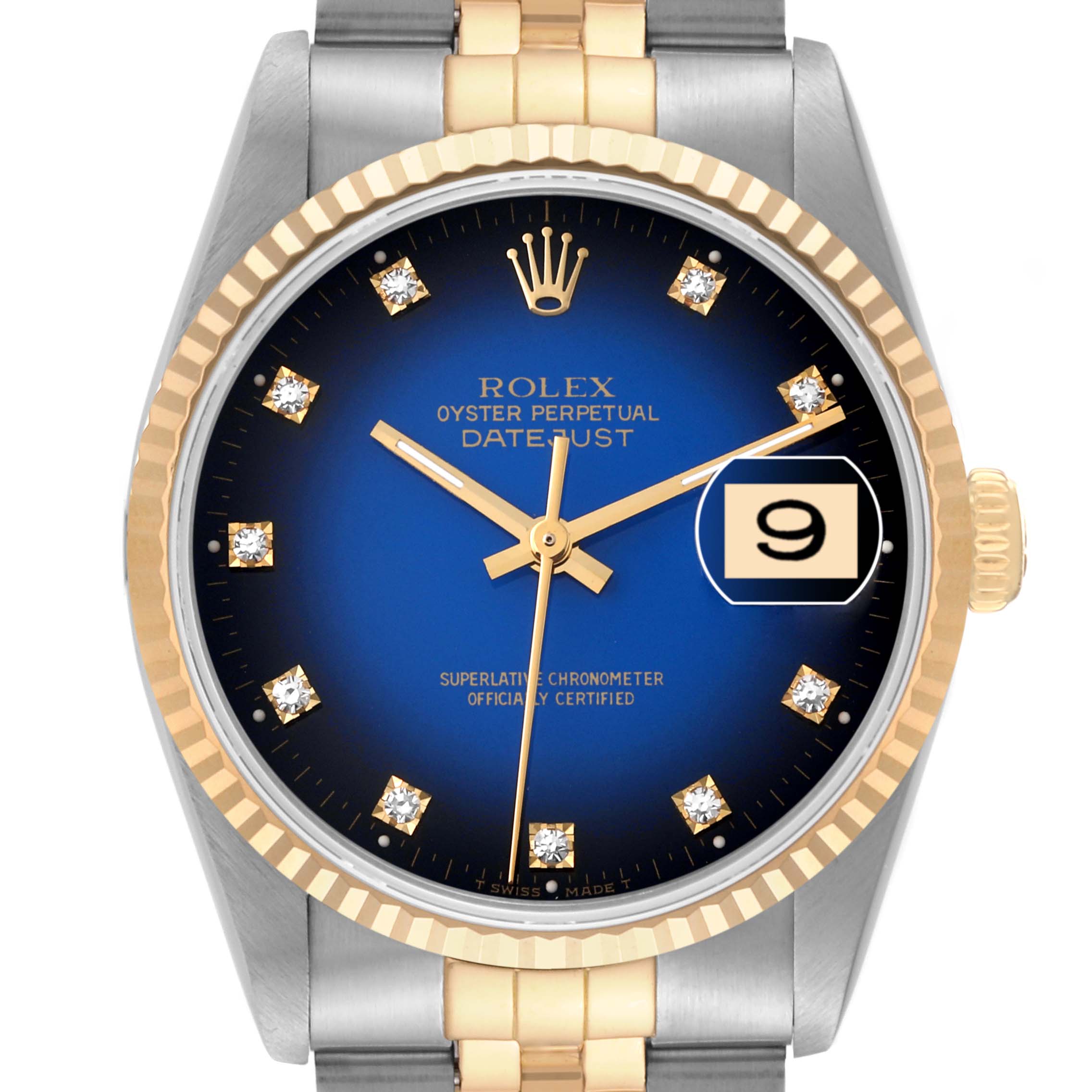 The image shows a front view of a Rolex Datejust 16233 Men's Steel and Gold (two tone) Blue Dial 16233 Men's Steel and Gold (two tone) Blue Dial watch, highlighting the blue dial, date display, and two-tone bezel and bracelet.