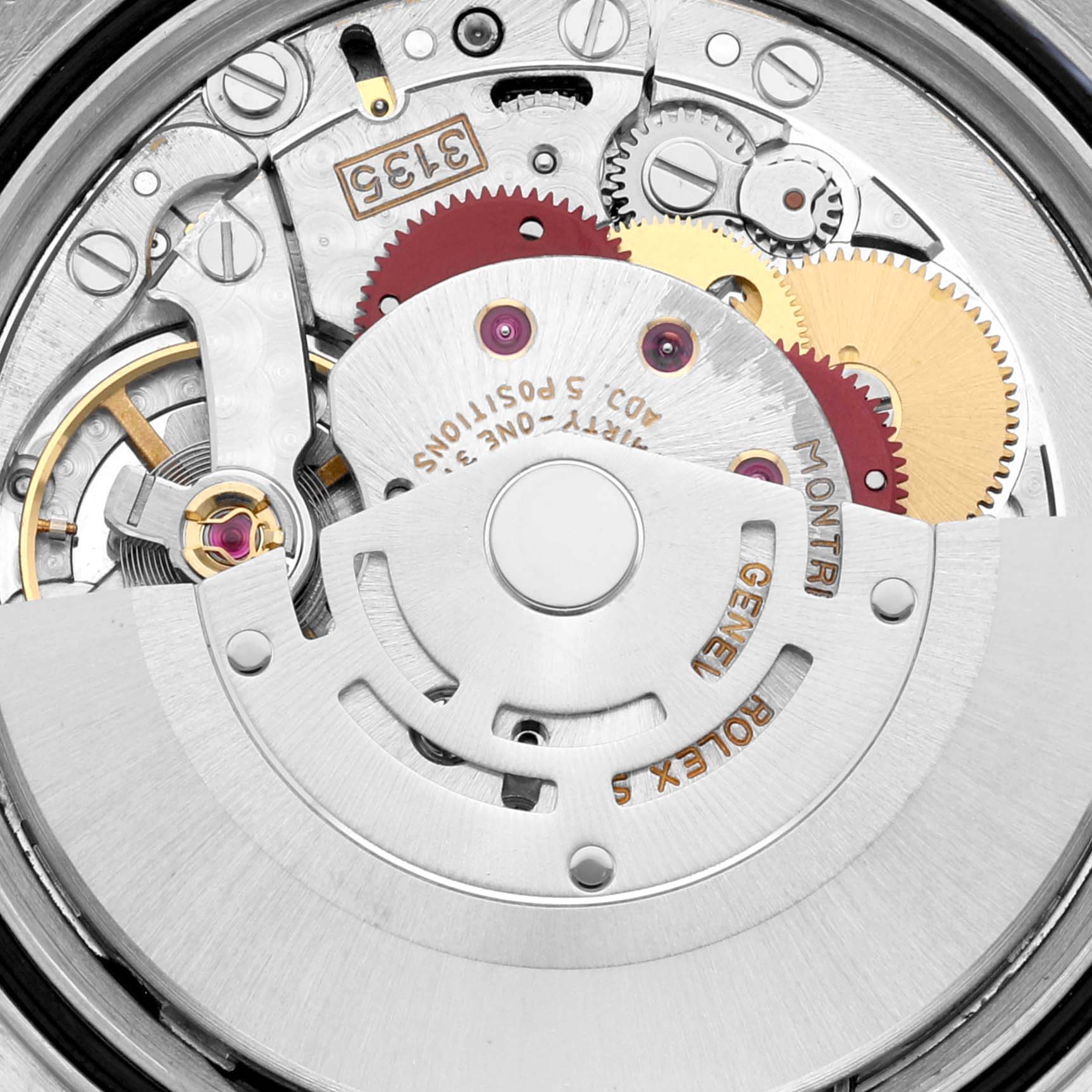 The image shows the inner mechanical movement of a Rolex Datejust 16233 Men's Steel and Gold (two tone) Blue Dial 16233 Men's Steel and Gold (two tone) Blue Dial watch, including gears and components of the automatic winding mechanism.