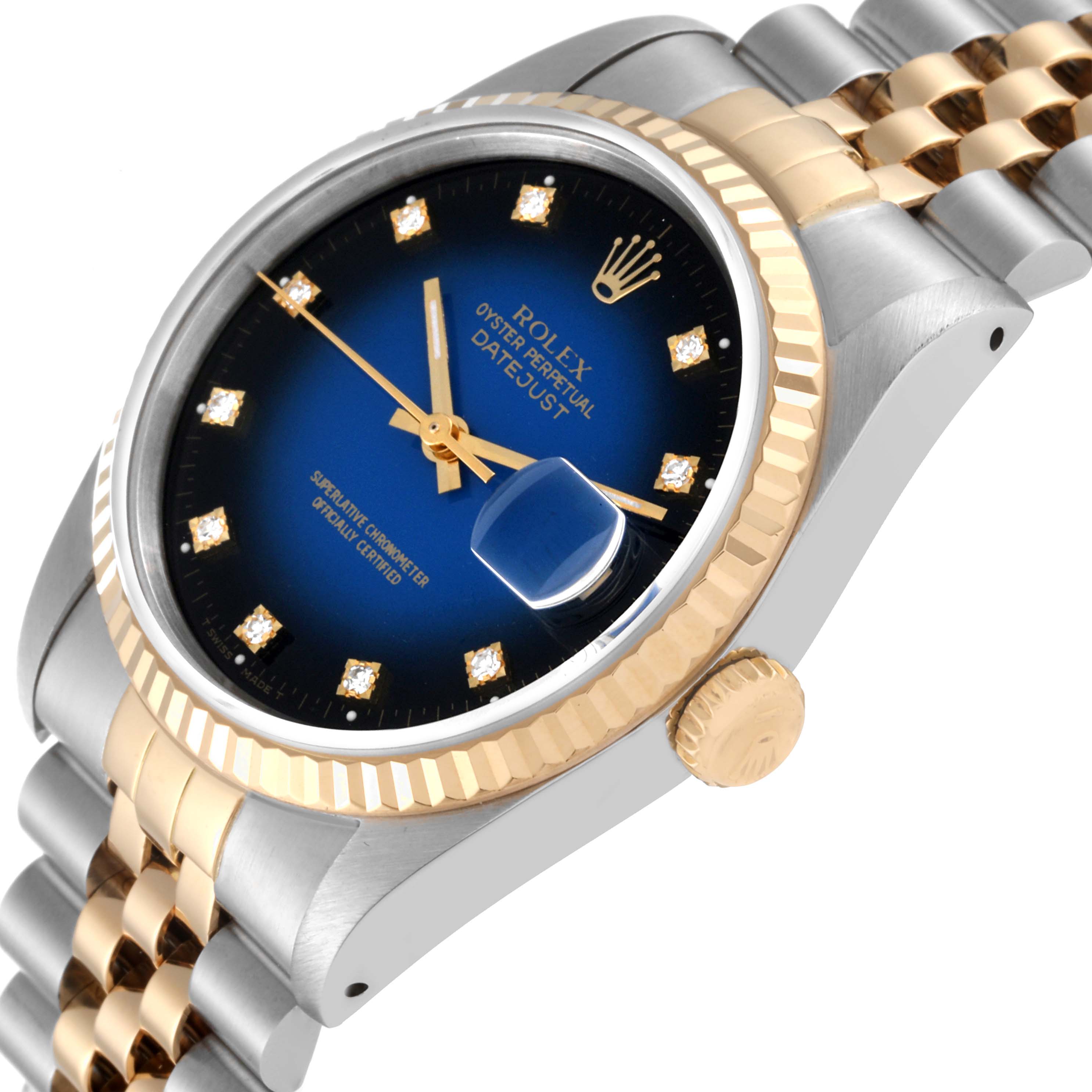 The Rolex Datejust 16233 Men's Steel and Gold (two tone) Blue Dial 16233 Men's Steel and Gold (two tone) Blue Dial watch is shown at an angle highlighting its blue dial, gold fluted bezel, and two-tone bracelet.