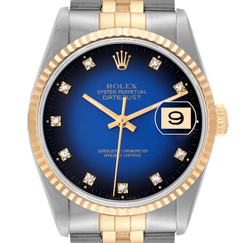Photo of Rolex Datejust Blue Vignette Diamond Dial Steel Yellow Gold Mens Watch 16233 Box Papers