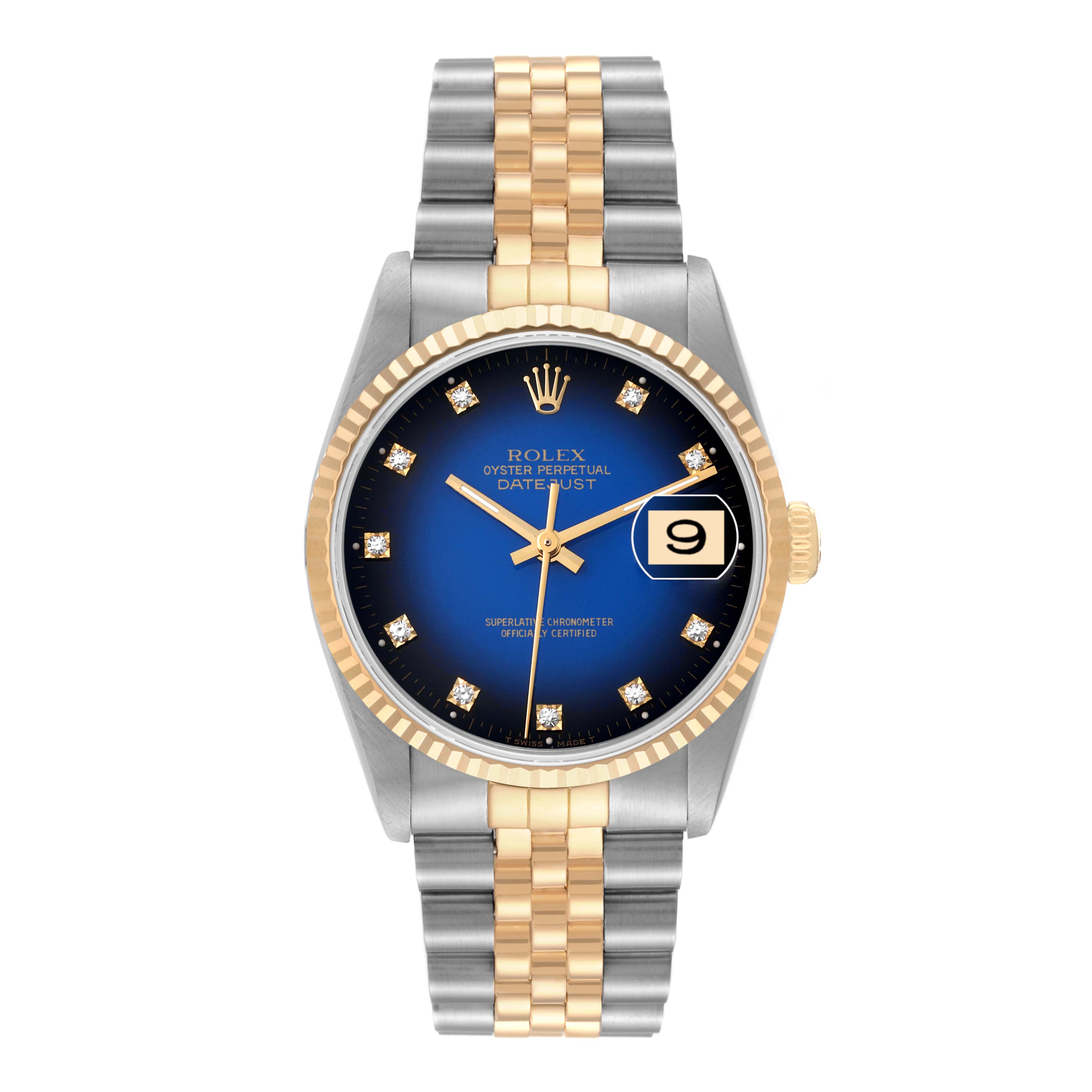This image shows the front view of the Rolex Datejust 16233 Men's Steel and Gold (two tone) Blue Dial 16233 Men's Steel and Gold (two tone) Blue Dial watch, featuring a blue dial, date window, and two-tone bracelet.