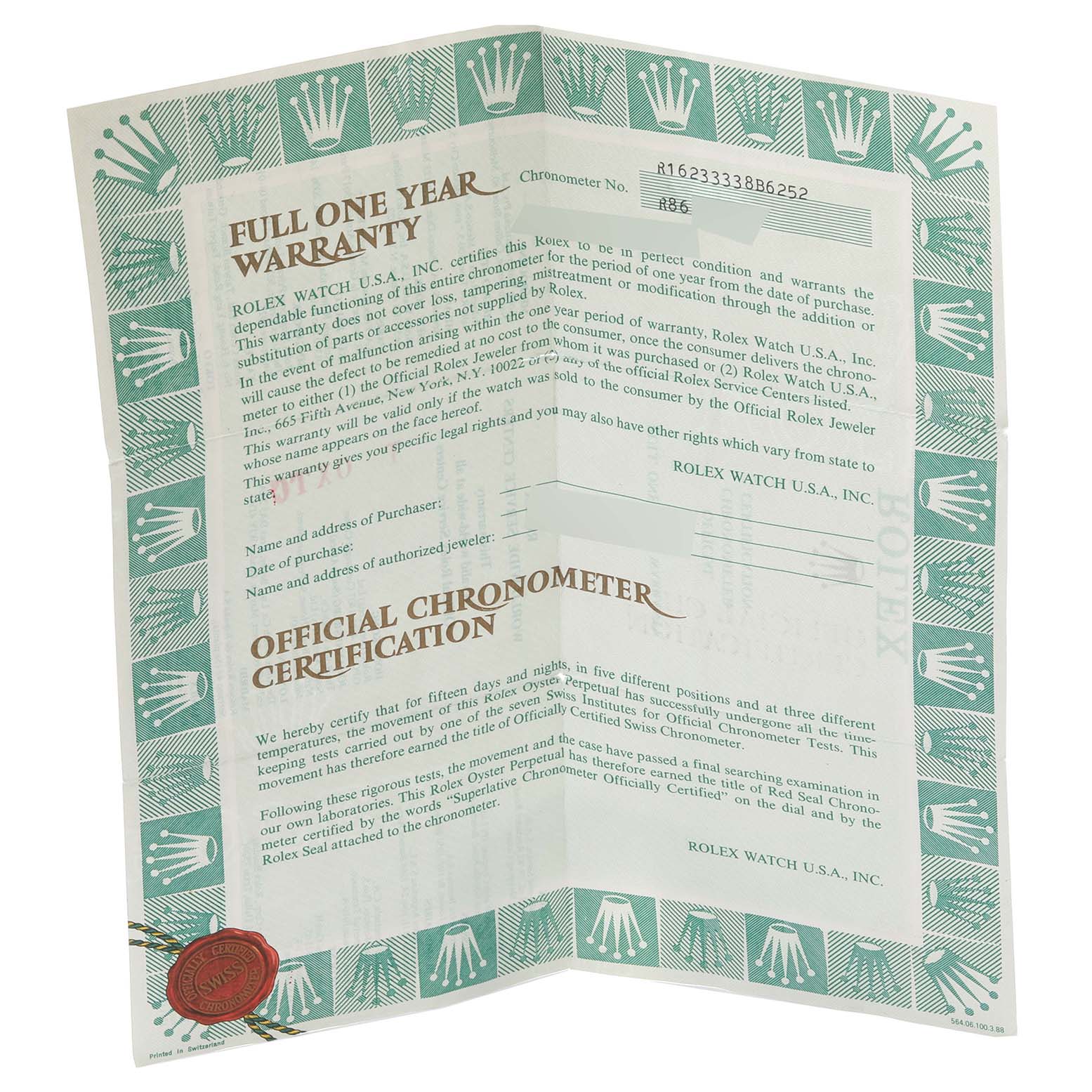 The image shows an official chronometer certification and warranty document for a Rolex Datejust 16233 Men's Steel and Gold (two tone) Blue Dial 16233 Men's Steel and Gold (two tone) Blue Dial watch.