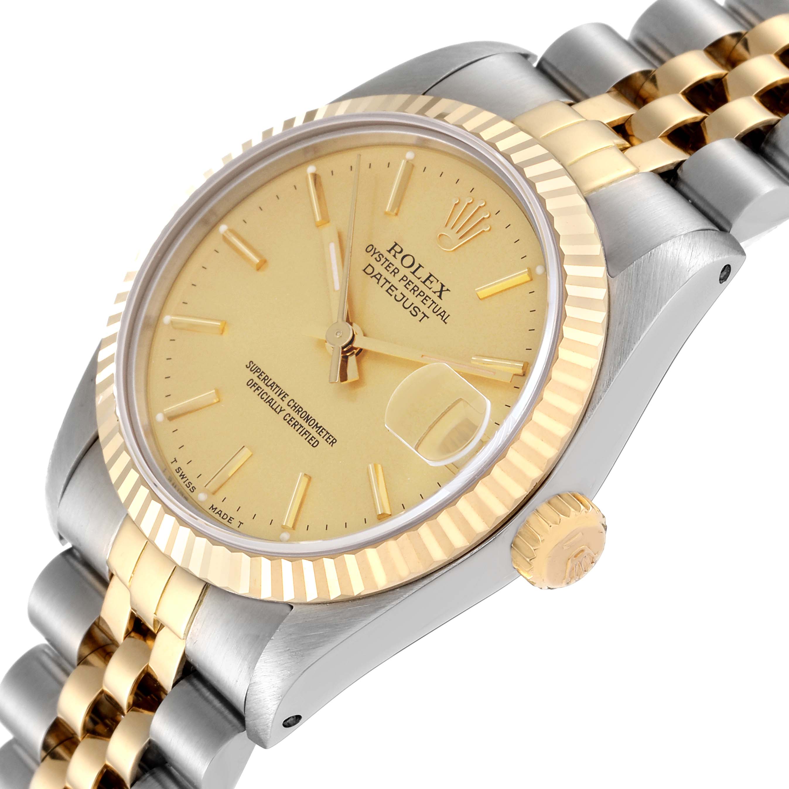 This image shows a side-angle view of a Rolex Mid-Size 68273 Women's Steel and Gold (two tone) Champagne Dial 68273 Women's Steel and Gold (two tone) Champagne Dial Oyster Perpetual Datejust, highlighting its gold dial, fluted bezel, crown, and two-tone bracelet.