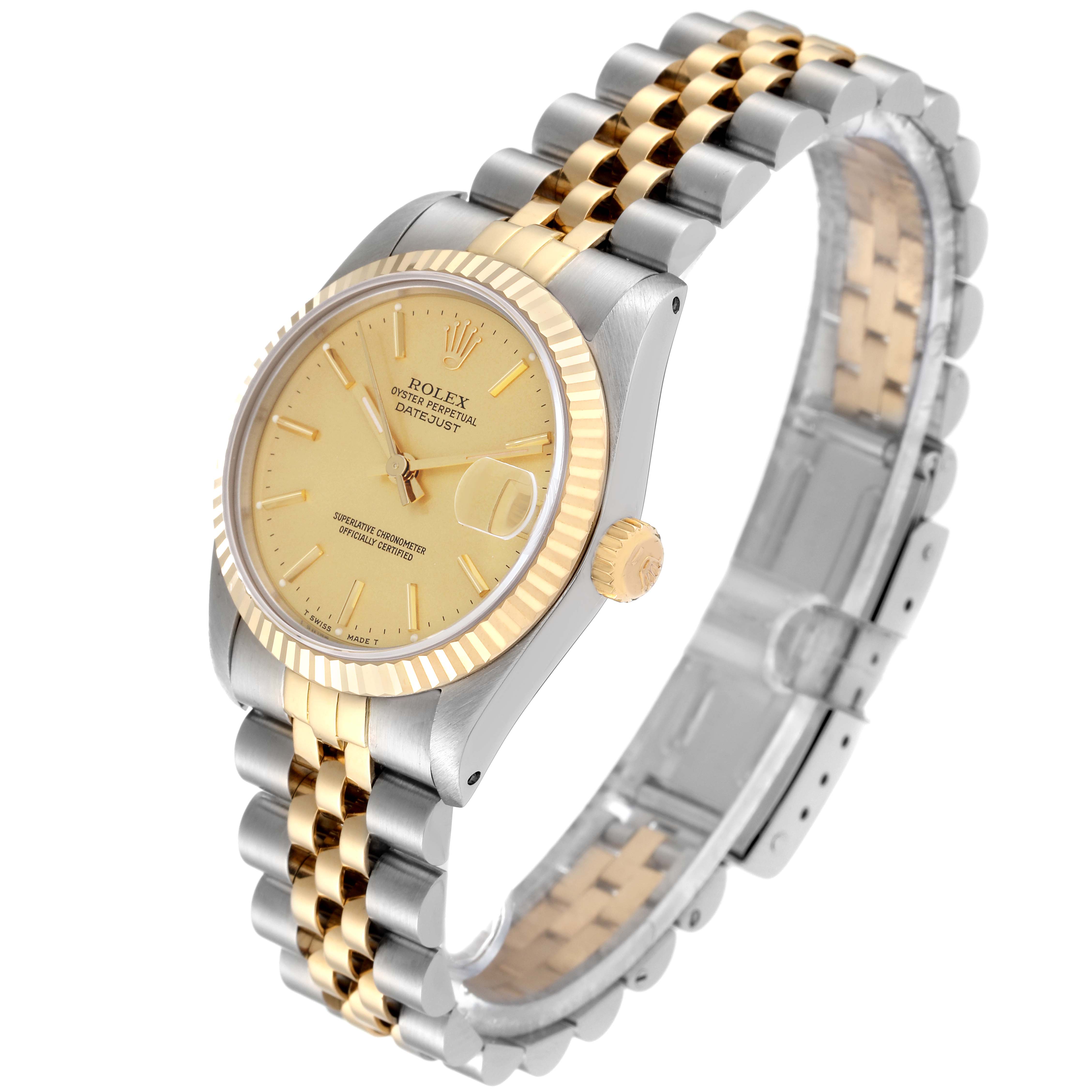 The image shows a Mid-Size Rolex Oyster Perpetual Datejust watch with a gold and silver jubilee bracelet, viewed from an angled perspective.