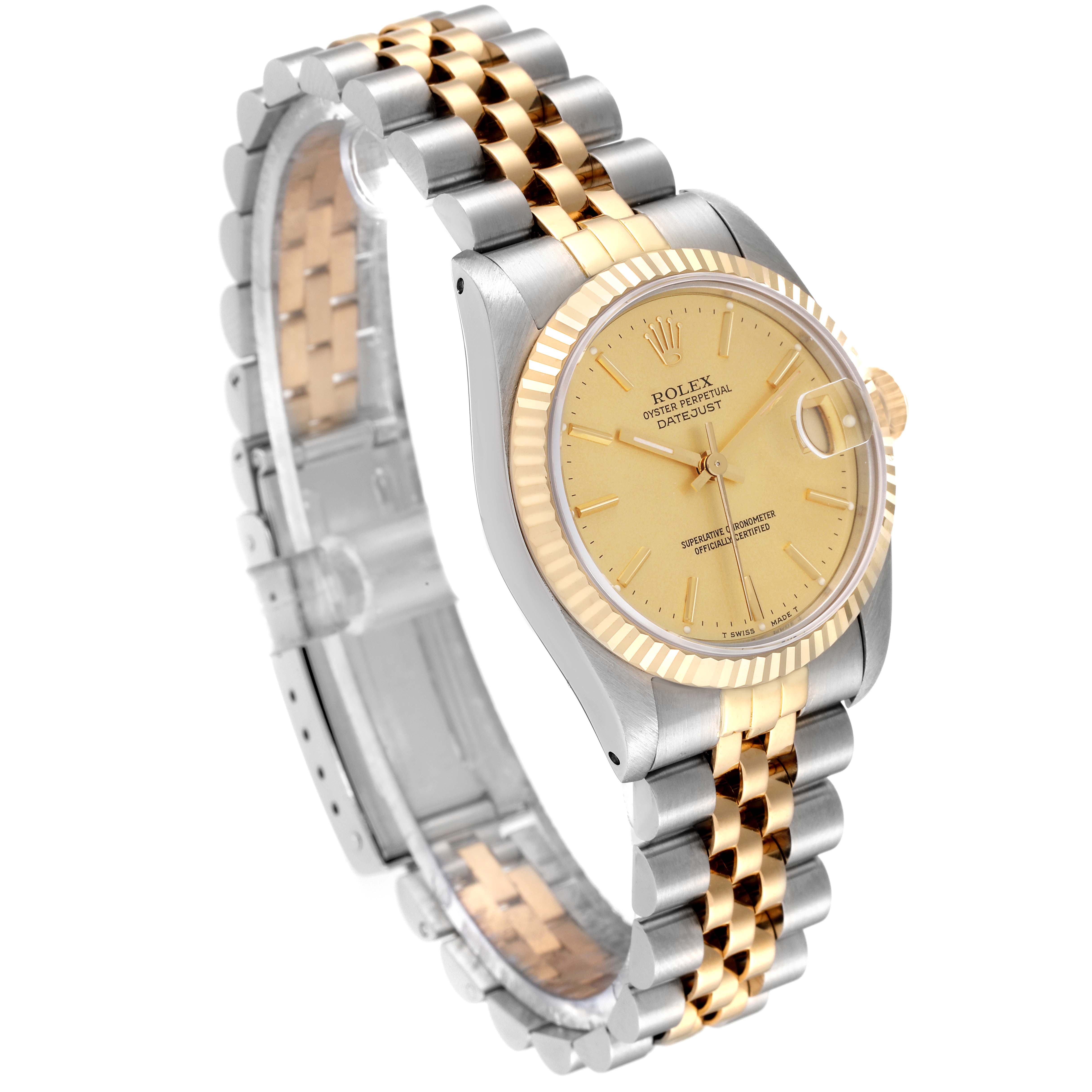 This Rolex Mid-Size 68273 Women's Steel and Gold (two tone) Champagne Dial 68273 Women's Steel and Gold (two tone) Champagne Dial watch is shown at an angle highlighting its face, bezel, and two-tone bracelet.
