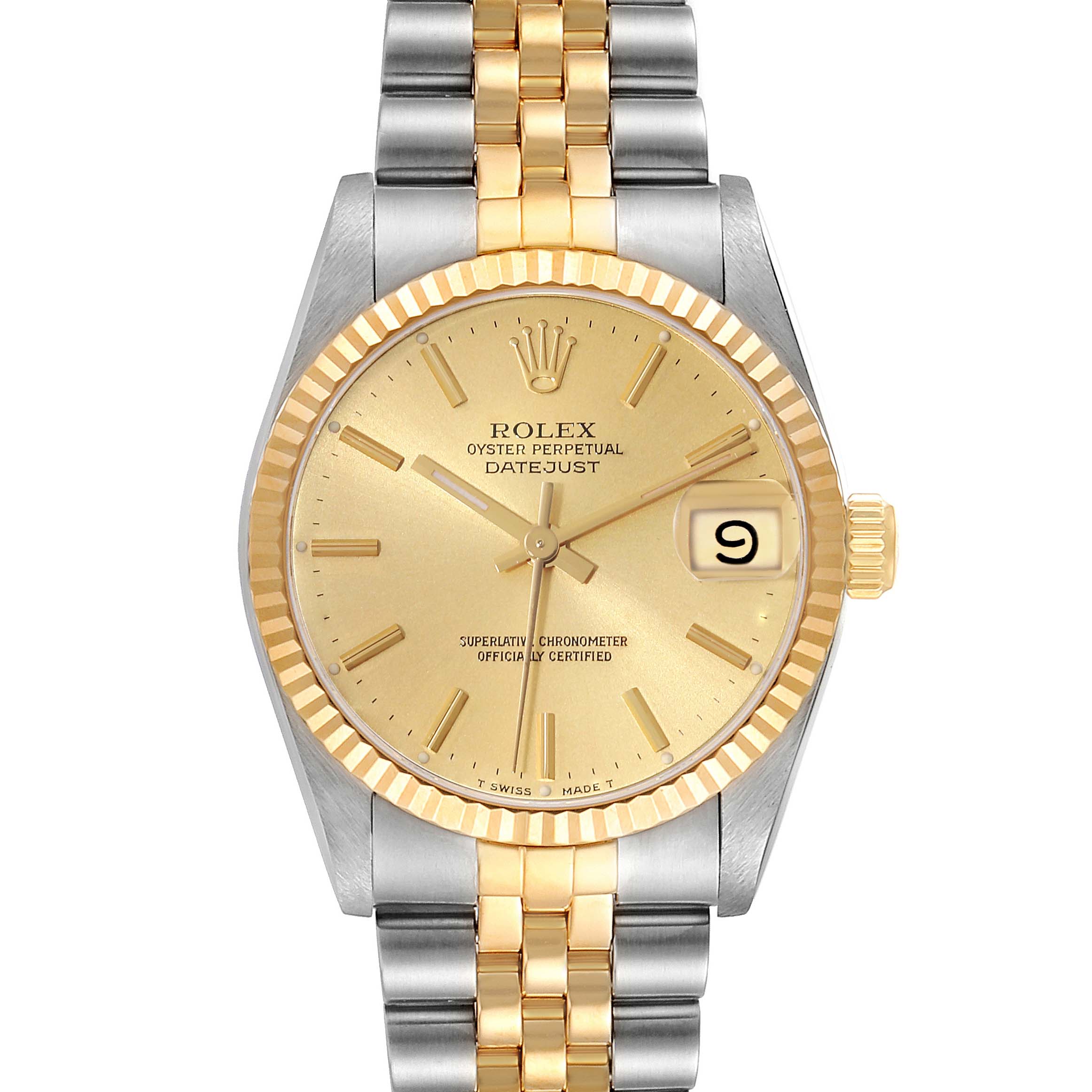 This image shows a front view of a Rolex Datejust Mid-Size watch, highlighting its gold dial, two-tone bracelet, and date display.