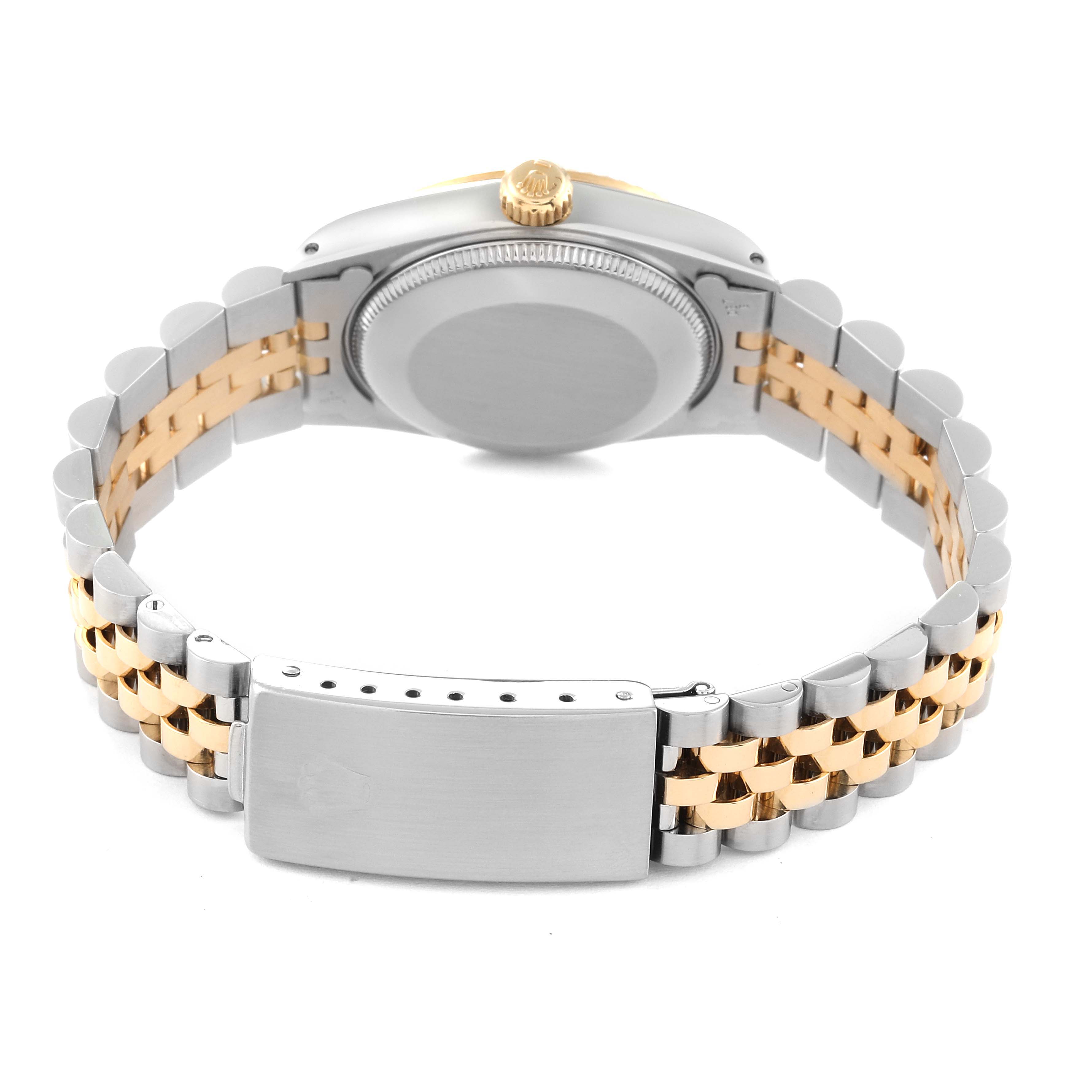 This image shows the back view of a Mid-Size Rolex watch, highlighting the bracelet and the clasp.
