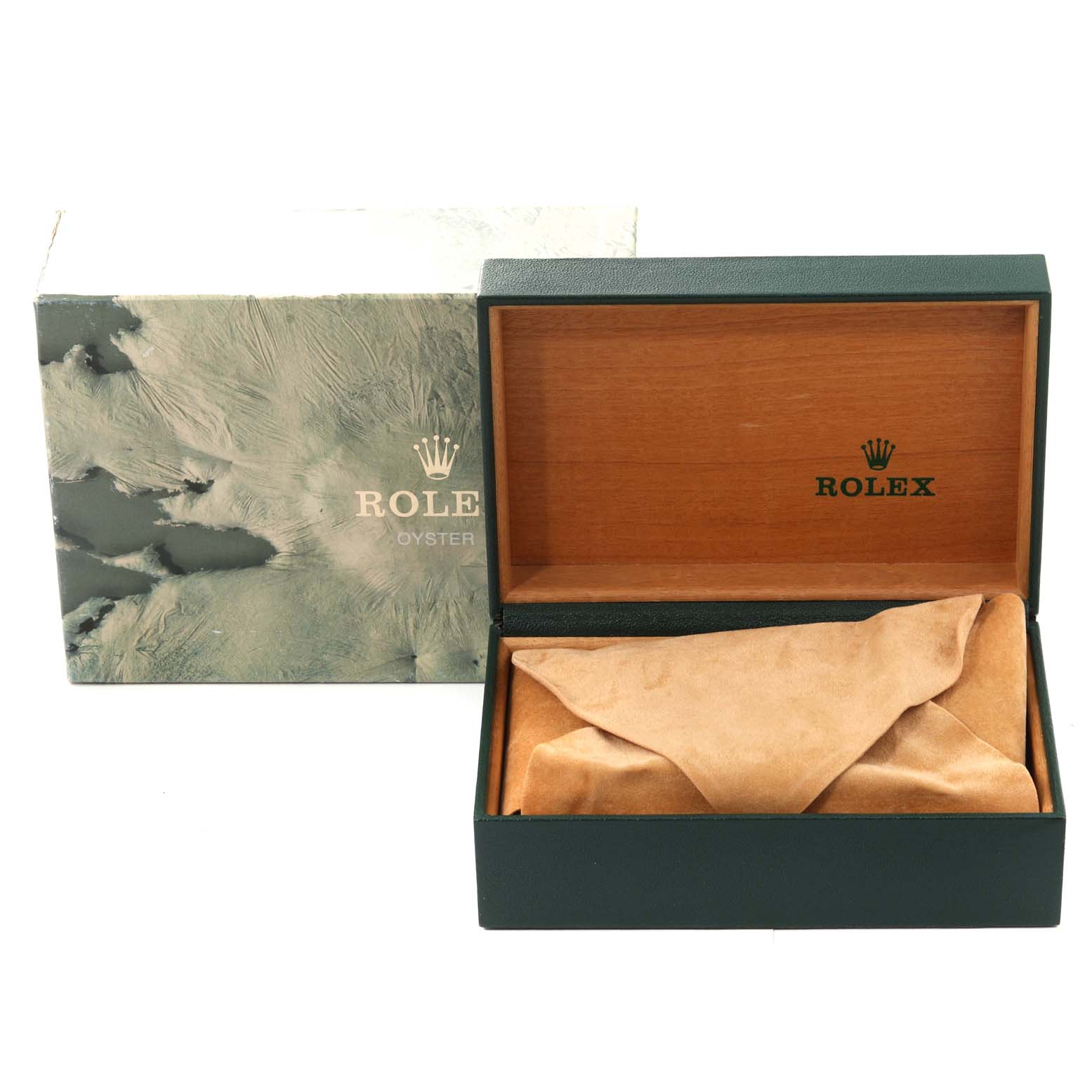 The image shows the packaging and box of a Mid-Size Rolex watch, featuring an open wooden box with a cushion and an outer textured box.
